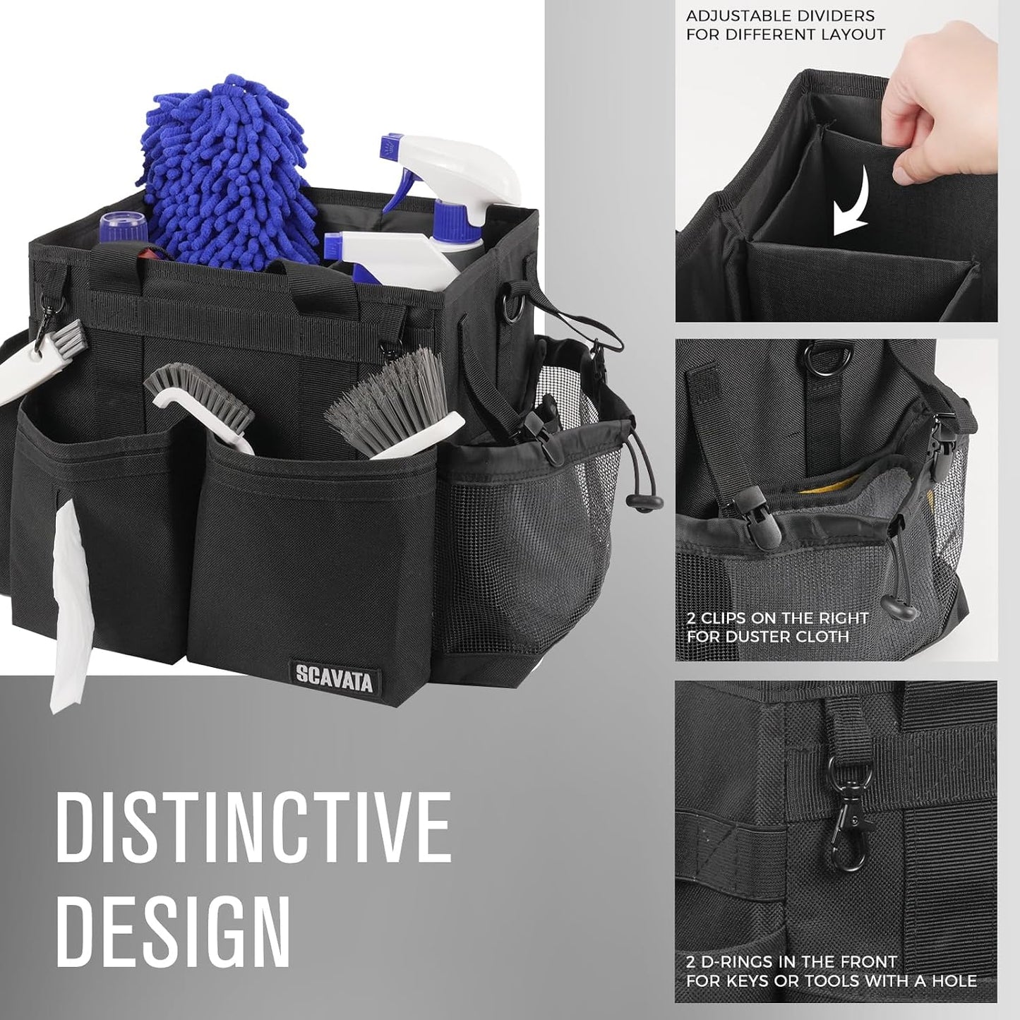 SCAVATA Compact Wearable Cleaning Caddy, Small Supplies Organizer with Handle & Shoulder Straps for Housekeepers, Under Sink & Car Cleaning Tool Organizer Bag (Black)