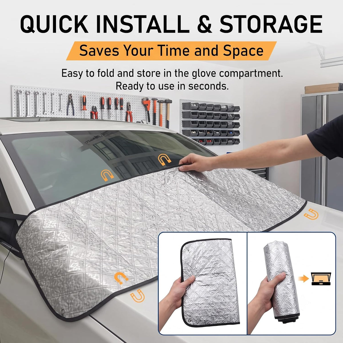 Car Windshield Rain Trough Cover, Sun & Snow & Leaves Protection Shield for All Season, Foldable Adsorption-type & Windproof Fixed Strap Shade, for Most Cars Trucks Vans SUVs (Silver)