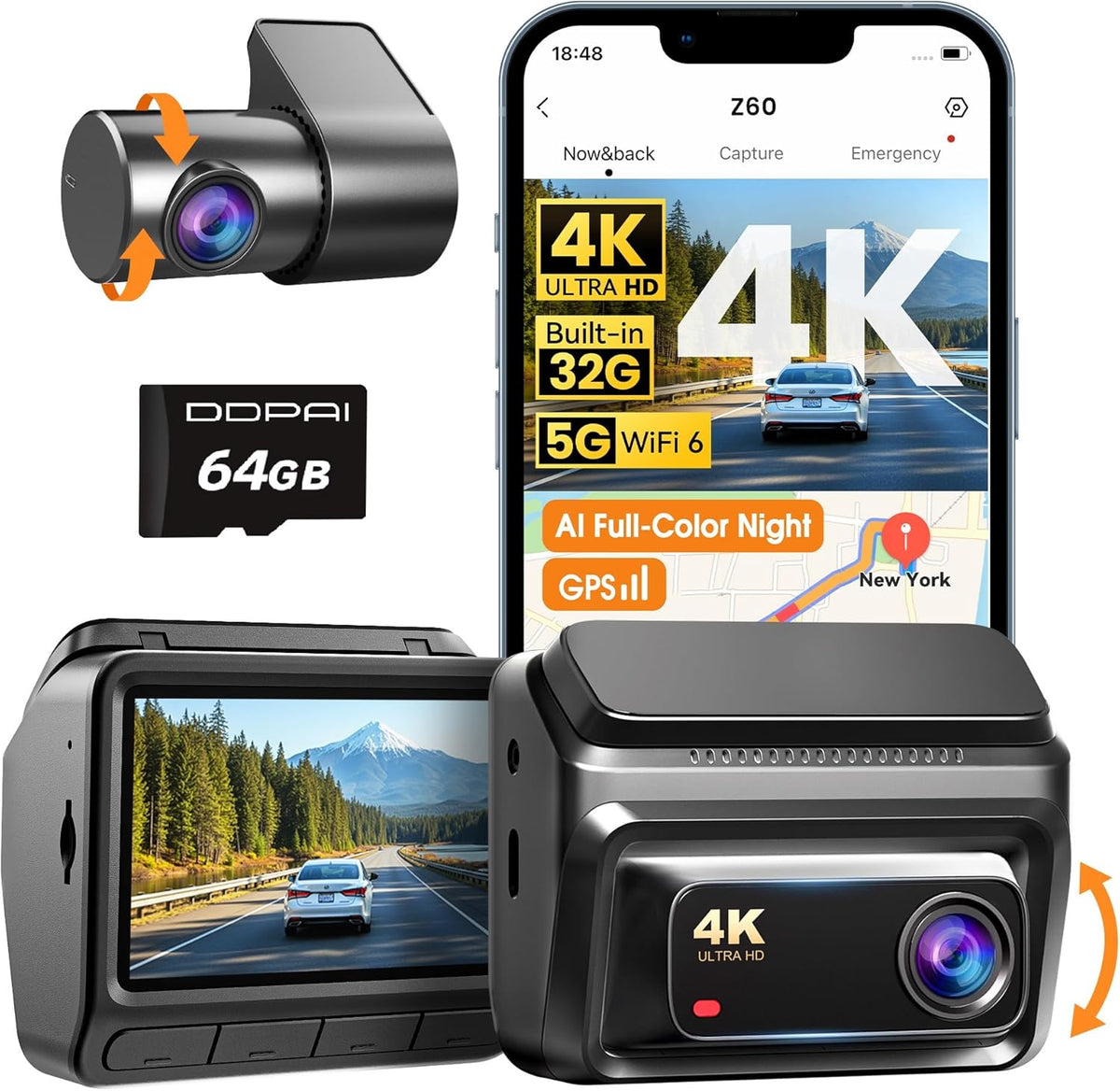 DDPAI Z60 4K+1080P Dual Dash Cam, G-Sensor, 32GB eMMC+64GB Card