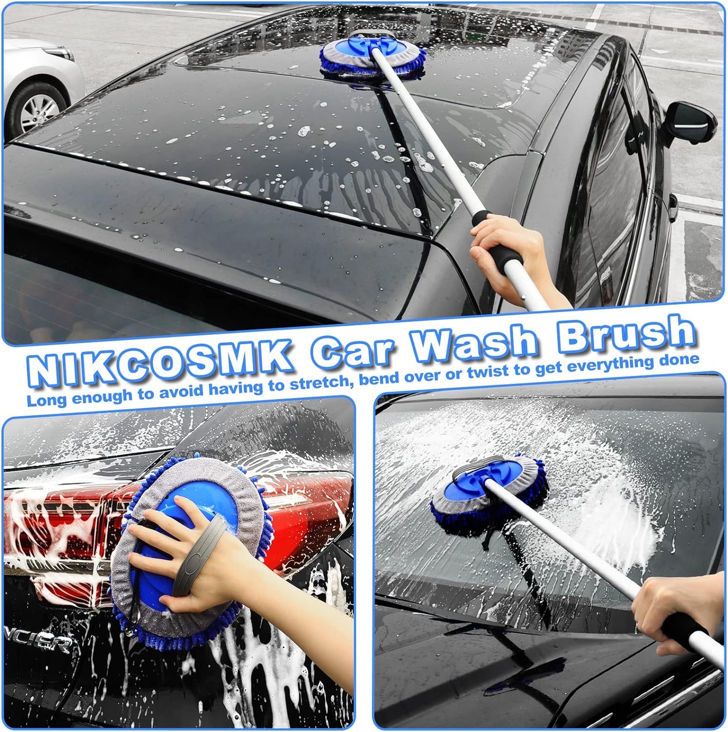 62'' Car Wash Brush Kit - Mitt, Mop, Sponge & Long Handle, Scratch-Free Chenille Replacement Head, Wheel Tire Brush, Car Detailing Kit for Cars, RV, Truck