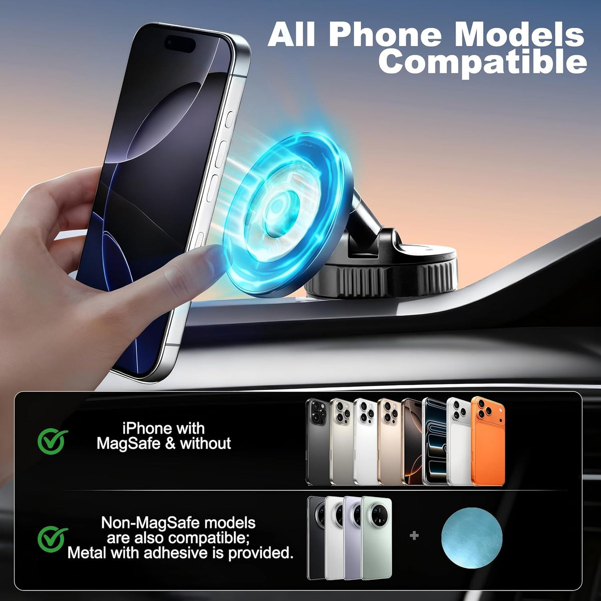 Vacuum Magnetic & Suction Phone Holder, 360° MagSafe Car Mount