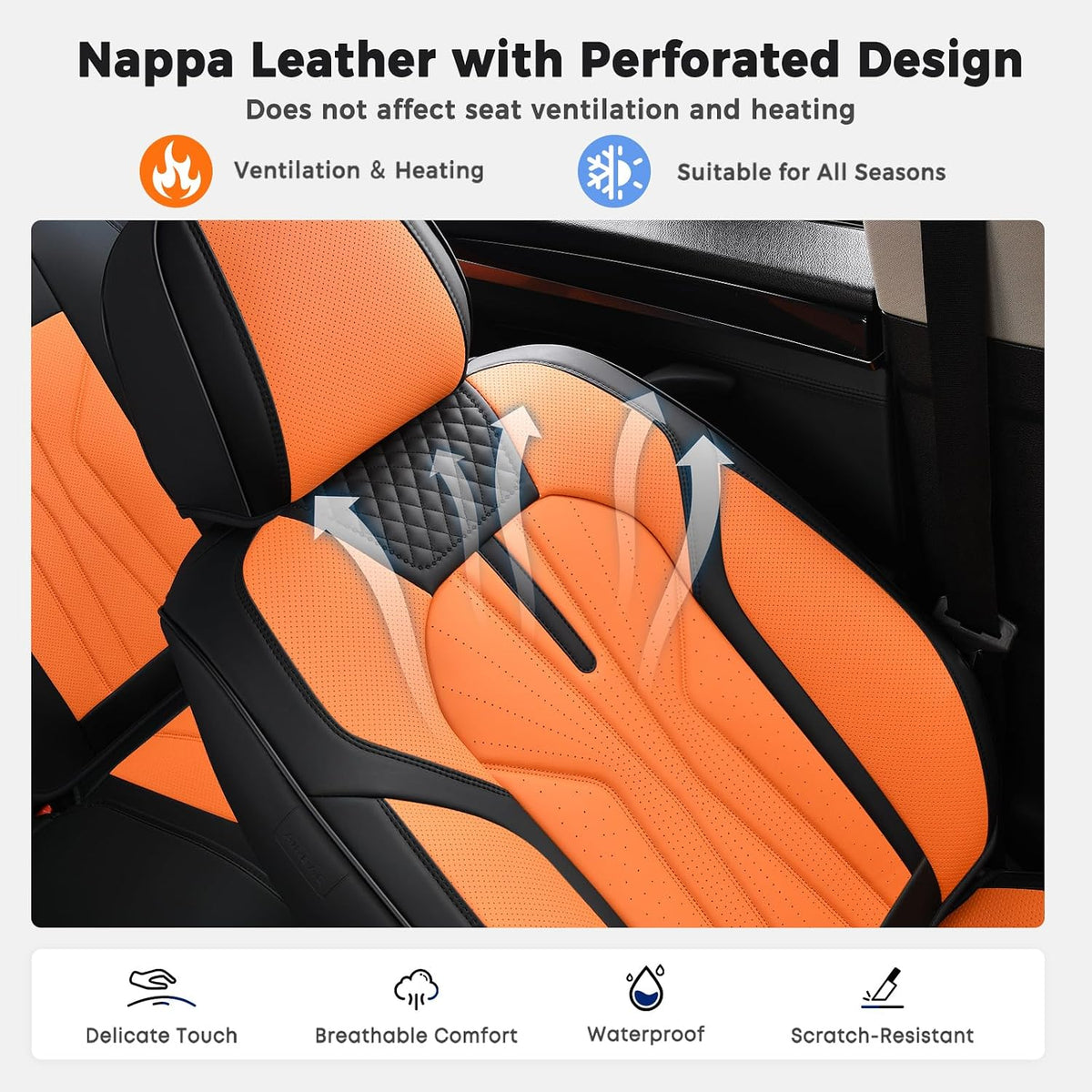 Huidasource Leather Car Seat Covers Full Set 5 Seats, Waterproof Faux Leather Front & Rear Seat Cover with Headrest, Non-Slip Automotive Seat Covers Fit for Most Cars Trucks SUV, Black&Orange
