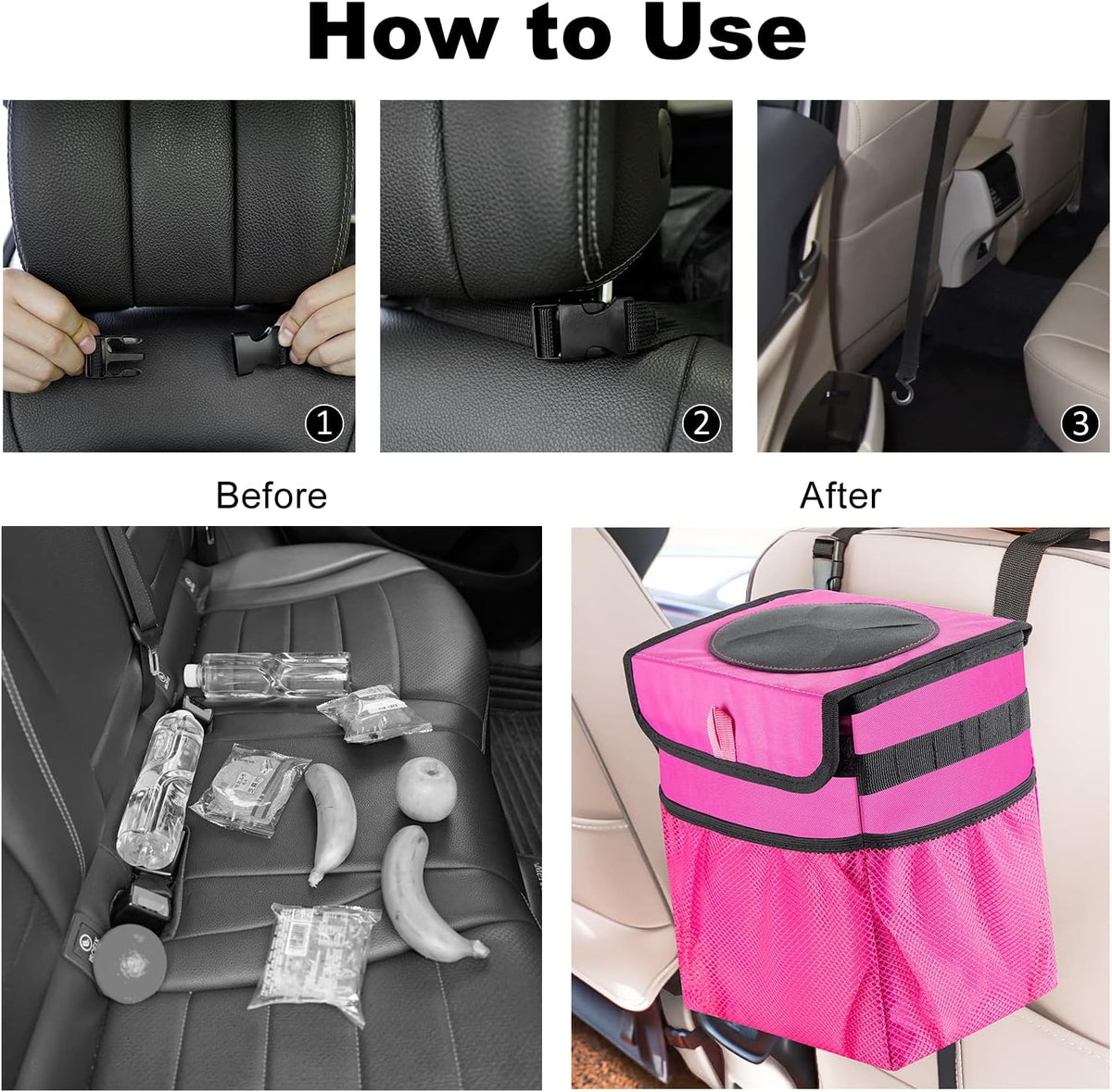 Car Trash Can Foldable Garbage Bin Leakproof 2.3 Gallons Car Trash Bag Pink
