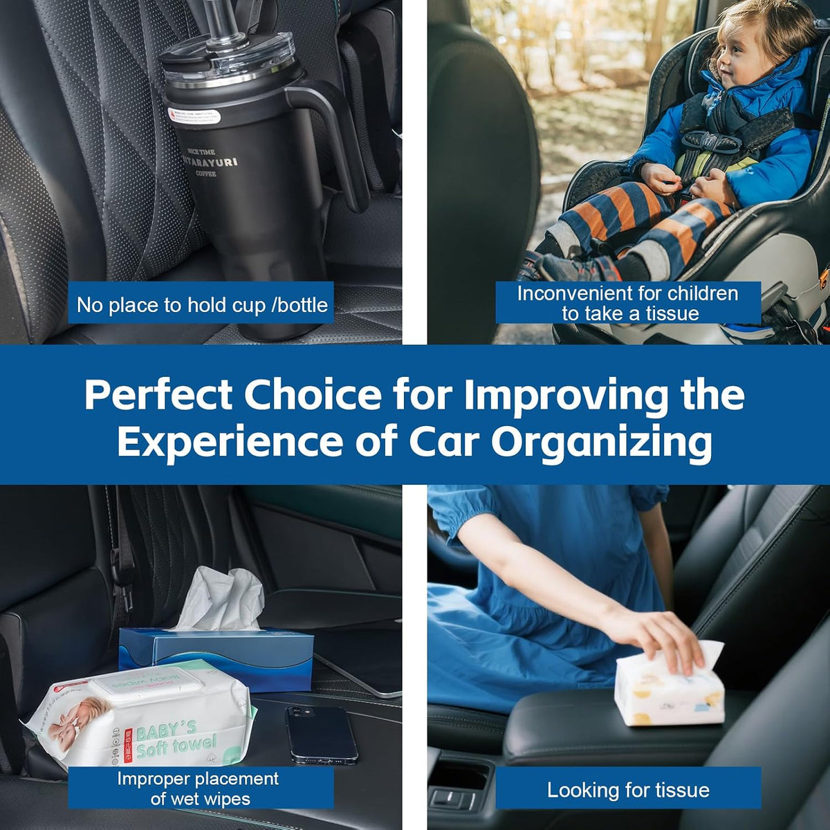 Multifunctional Car Tissue Holder,Back Seat Organizer with Cup Holder,PU Leather Car Headrest Seat Back Storage,Snack Organizers for Kids,Large Tissue Box Cover Fit Kleenex Tissues(50-230ct)