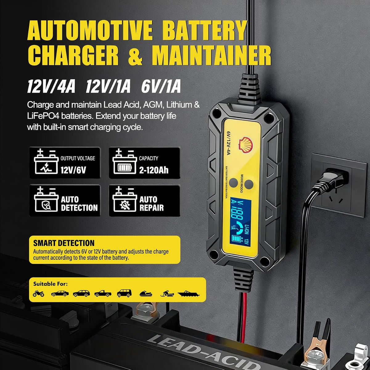 Shell Car Battery Charger 6V/12V- Smart Battery Charger 4A/1A with LCD Display, Automatic Lithium & Lead-Acid Trickle Charger Maintainer & Desulfator for Car Motorcycle Lawn Mower Boat Deep Cycle