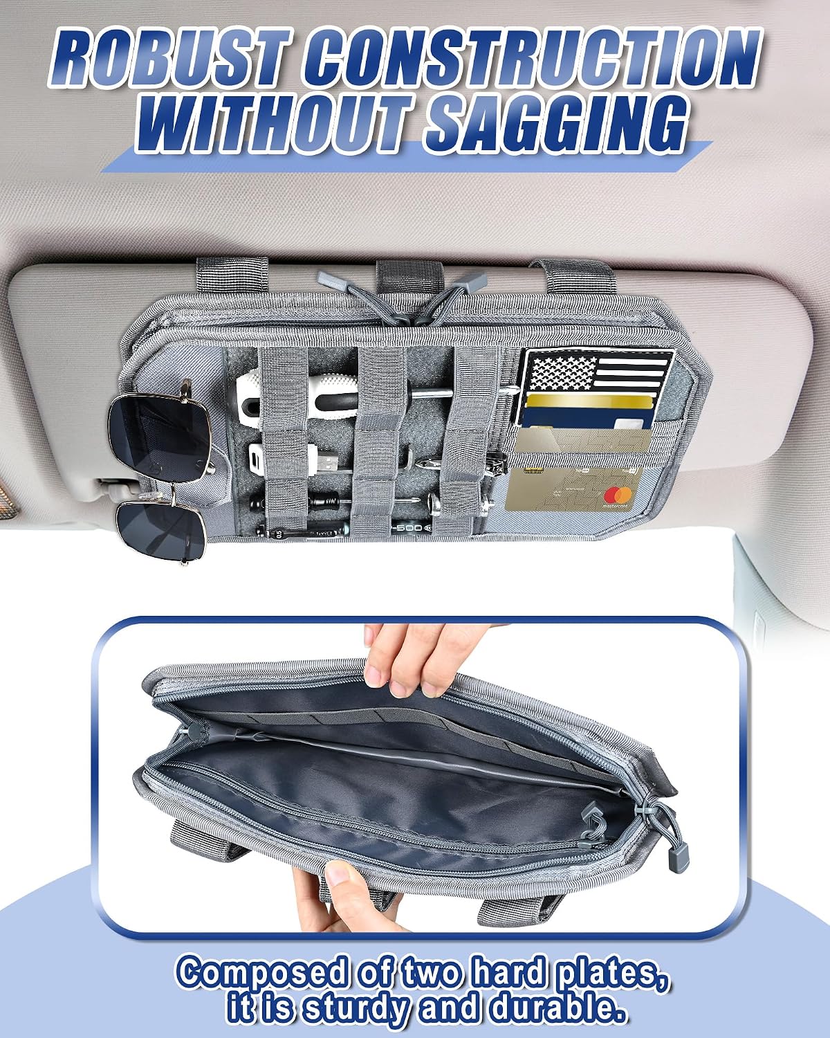 Heavy Duty Molle Car Sun Visor Organizer Tactical Pounch with Flag and Glasses Clip Store Your Daily Items for Most Cars, Trucks, SUVs, Compacts, 12.8"x6.9"x1.2" (Gray)