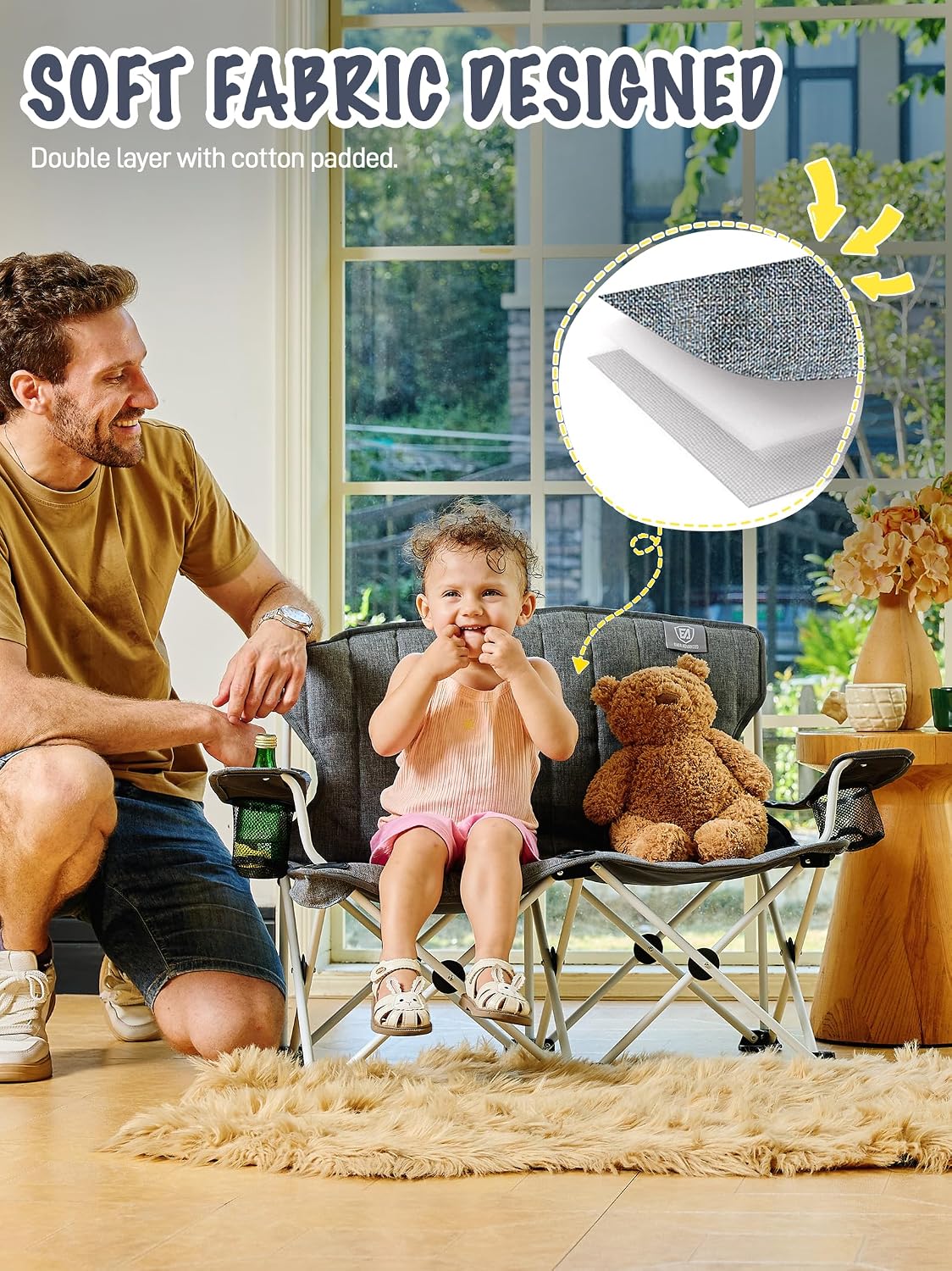 EVER ADVANCED Kids Double Camping Chair with Cupholders Safety Lock, Padded Kids Folding Chair Outdoor with Mesh Pocket, Lightweight Portable Two Person Loveseat for Beach, Supports 300lbs, Grey