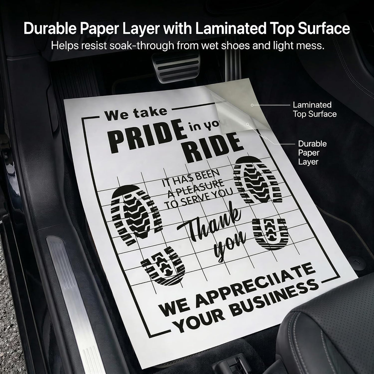 Disposable Paper Car Floor Mats, 100 Count, 20 x 16 inch, Single-Side Laminated Surface, Temporary Footwell Protection for Wet Shoes, Everyday Car Mess, Rideshare, and Passenger Pickups(White,100)
