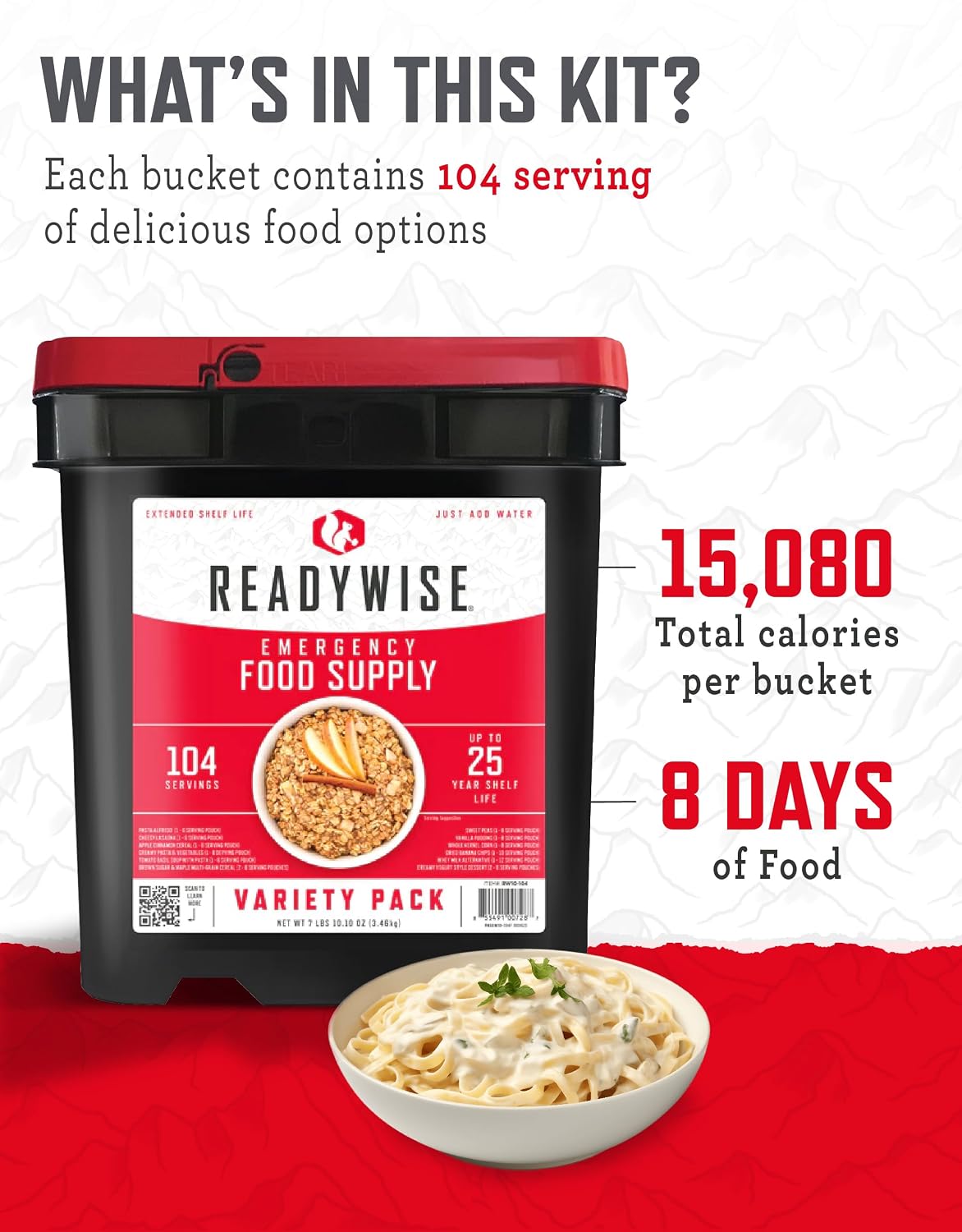 ReadyWise Emergency Food Supply - 104 Servings Variety Pack Bucket, Protein Meals, Dehydrated &amp; Freeze Dried Food for Backpacking, Camping Essentials &amp; Prepping Supplies, up to 25 Year Shelf Life