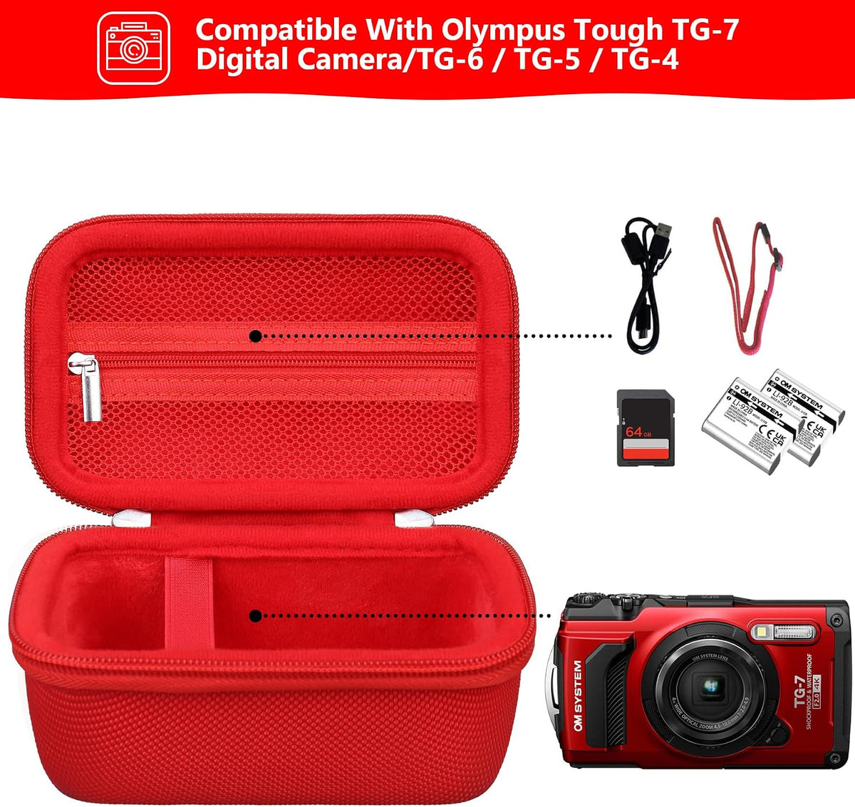 Carrying Case for OM System OLYMPUS Tough TG-7 / Tough TG-6 / TG-5 / TG-4 Underwater Digital Camera, Storage Holder Travel Bag with Mesh Pocket for Battery Pack, Charging Cable, Red