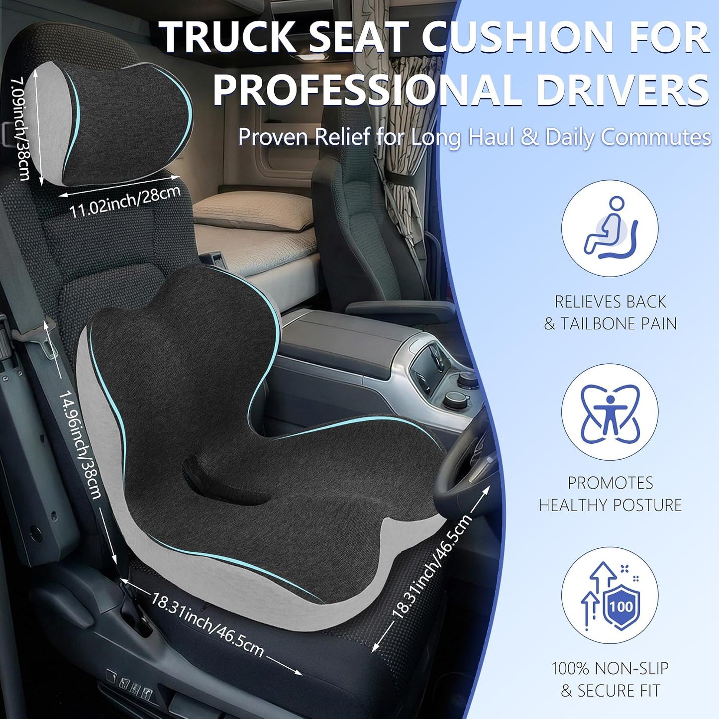 Truck Driver Seat Cushion Set - Memory Foam for Lower Back & Sciatica Pain Relief - Ergonomic Headrest Neck Pillow for Semi Truck & Car Dark Gray