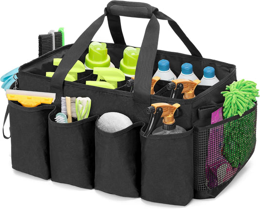 HODRANT Extra-Large Cleaning Caddy with Handles & Multi Pockets | Large Capacity Tote Bag for Cleaning Tools & Products Storage, Cleaner Organizer for Car, Home & Housekeeping Work, Black