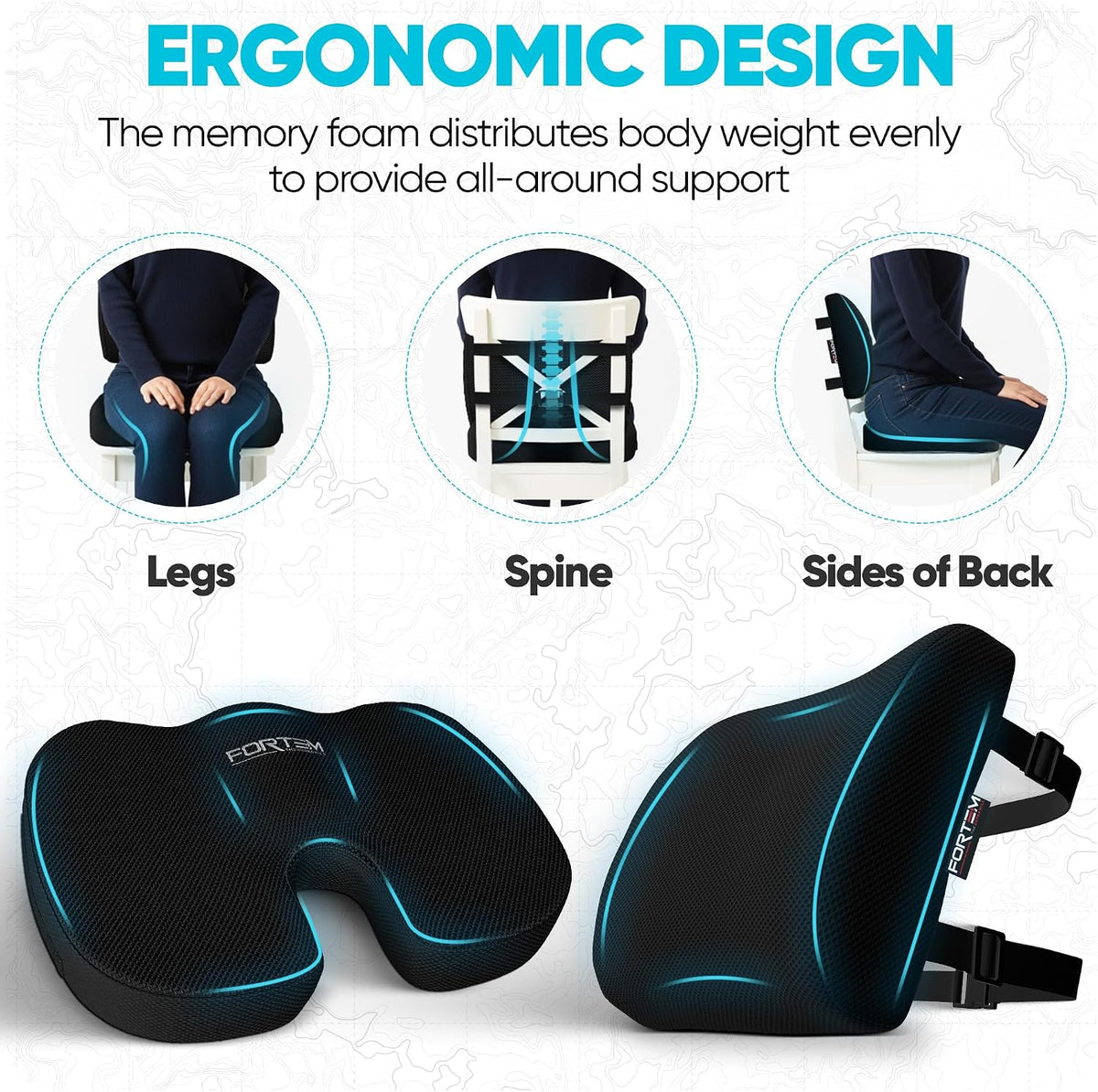 FORTEM Seat Cushion, Office Chair Cushion, Lumbar Support Pillow for Office Chair, Memory Foam Car Seat Cushions, Sciatica Coccyx Tailbone Pain Relief, Cushions for Back Support, Washable, Non Slip XL