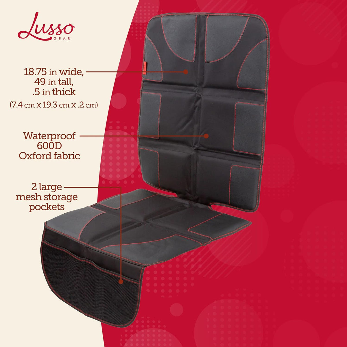 Lusso Gear Car Seat Protector - Waterproof Seat Covers for Infant & Cars - Non-Slip 8-Layer Protector - Rear Shield with Mesh Pockets - Black with Red Stitching, Universal Fit