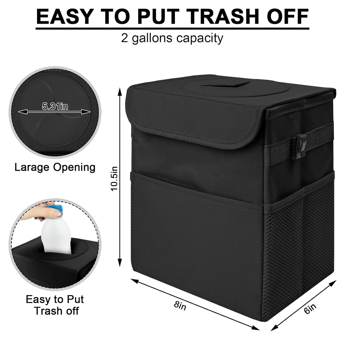 Car Trash Can Bin with Lid - Collapsible Car Garbage Can with Storage Pockets-Black Mini Leakproof Vehicle Trash Bag-Small Automotive Organizers and Storage for Back/Front Seat SUV Truck Accessories