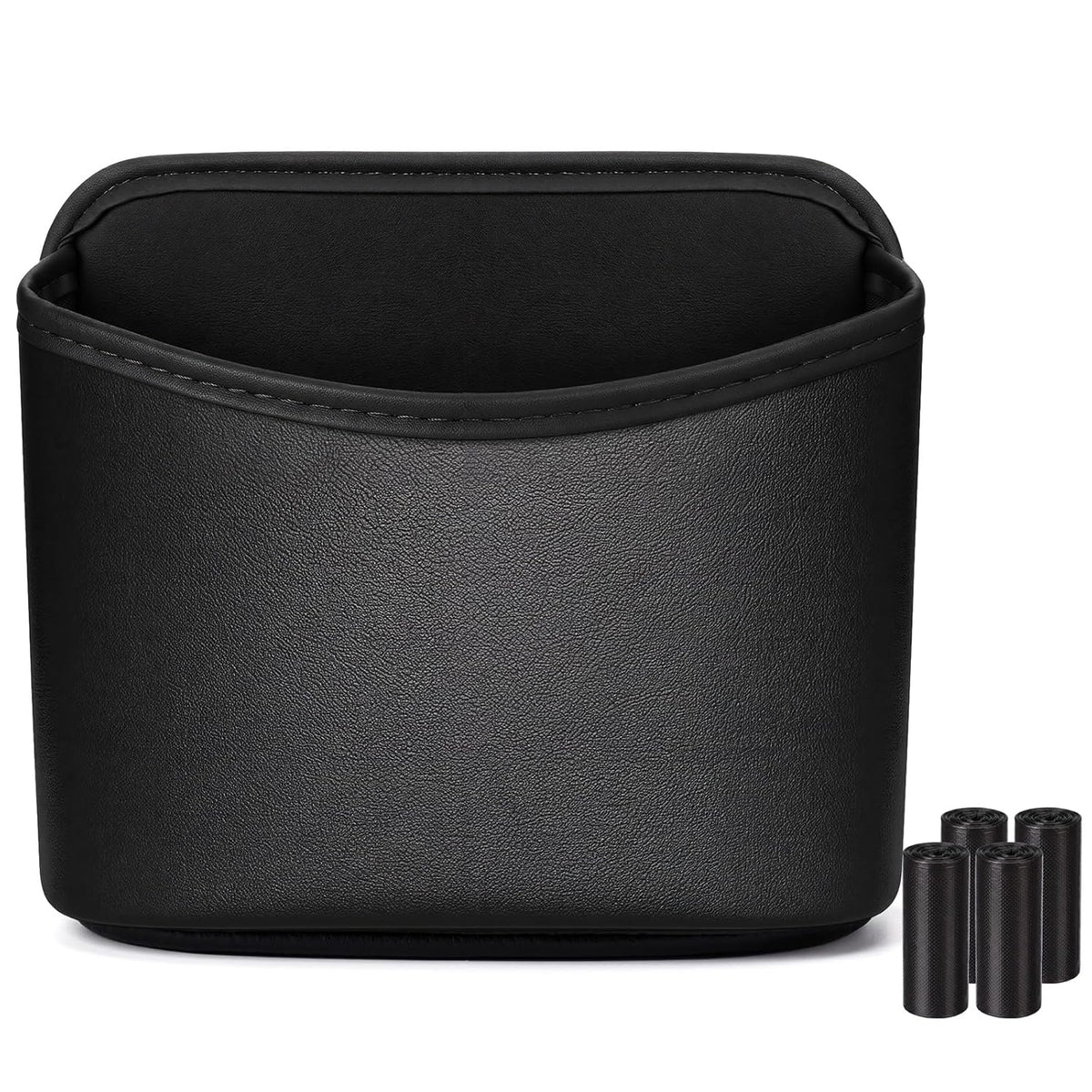 Leather Car Trash Can Hanging Car Garbage Bin with 4 Roll Trash Bag Leakproof Faux Leather Auto Garbage Container Easy Clean Vehicle Waste Basket for Suv, Truck, Sedan, Easy to Install, Black
