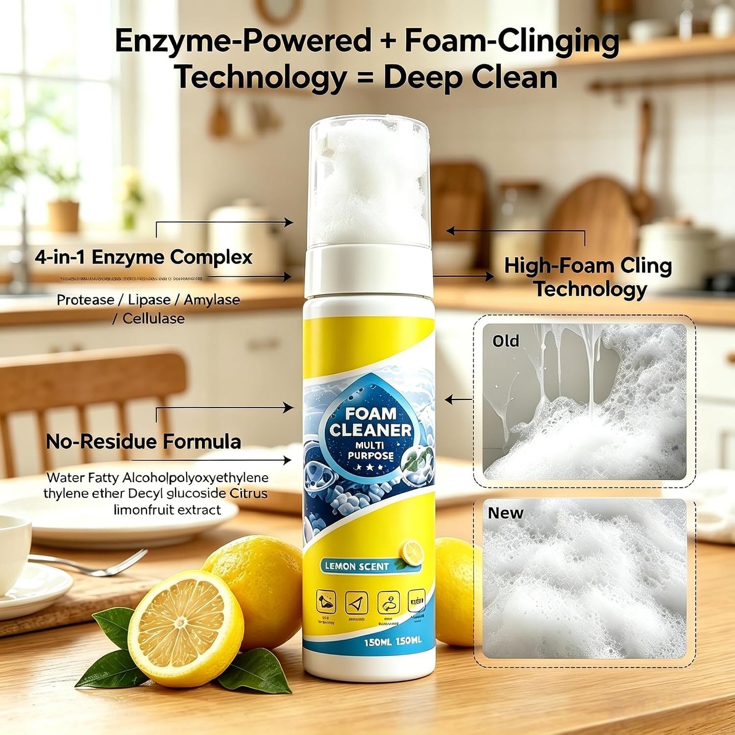 4-in-1 Multi-Enzyme Foam Cleaner, New Foam No-Rinse Cleaner, All Purpose Deep Cleaning Spray for Car Interior Kitchen Bathroom Sofa with Cleaning Sponge Towel(Regular, 2pcs)