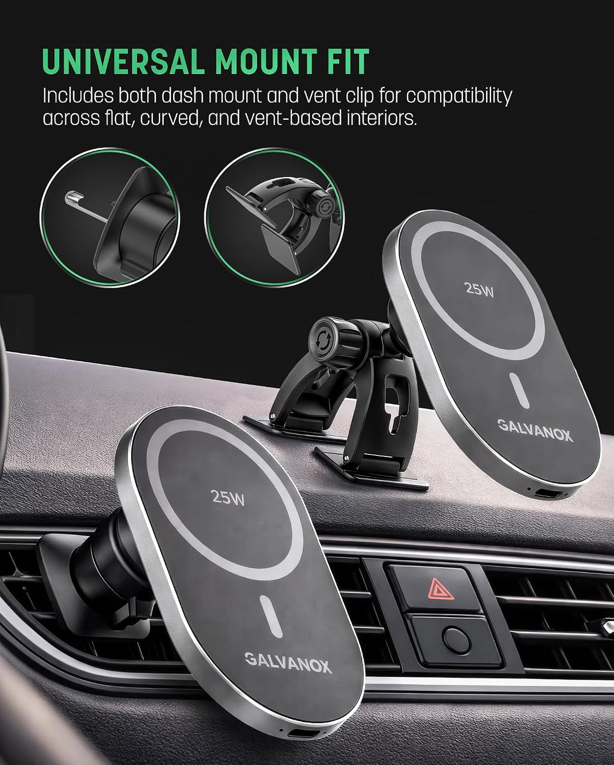 Galvanox Magnetic Wireless Car Charger Mount for Samsung Galaxy Phones, 25W Fast Charging (Compatible with MagSafe), Dashboard & Vent Phone Holder with 45W USB-C Adapter
