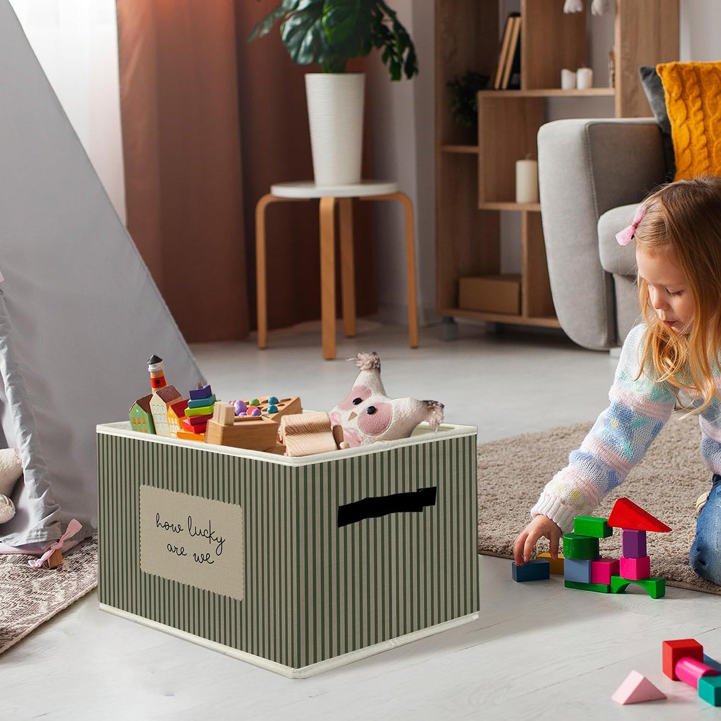 Inspirational Storage Bins & Boxes with Handles, How Lucky Are We Foldable Basket for Organizing, Green Striped Motivational Collapsible Storage Basket for Bedroom Bathroom Clothes Toys Books