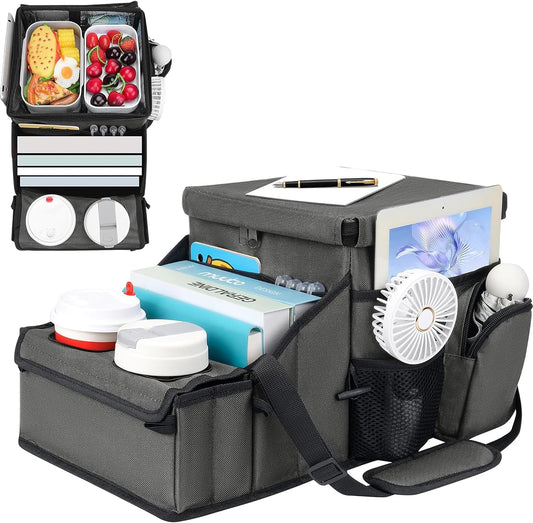 Car Front/Back Seat Organizer with Cup Holder, Movable Divider & Side Pockets, Insulated Compartment for Hot/Cold; Holds Bottles Firmly in Place, Non-slip, Easy-clean, Foldable with Strap