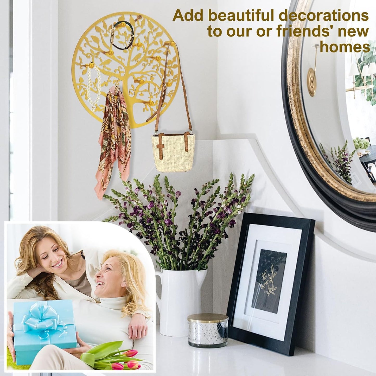 Round Decorative Home Key Holder Wall Mount, Metal Tree Car Key Rack for Wall Organizer for Keys, Wallets, Hats, Used for Decor for House Entryway, Kitchen, Garage, Office (12" Gold)