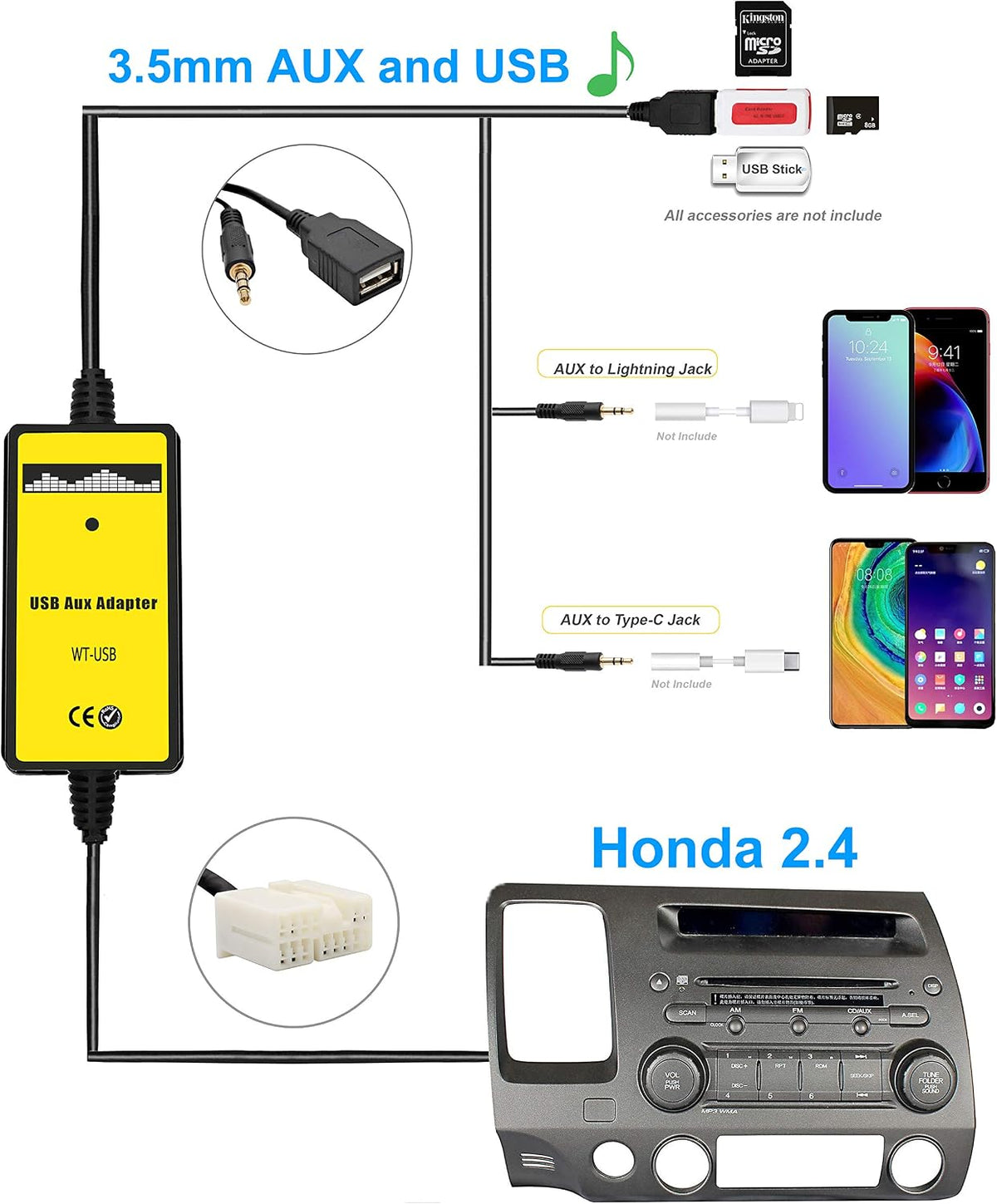 Car Audio CD to USB AUX Adapter for Honda Accord 2003-2012 Plug & Play