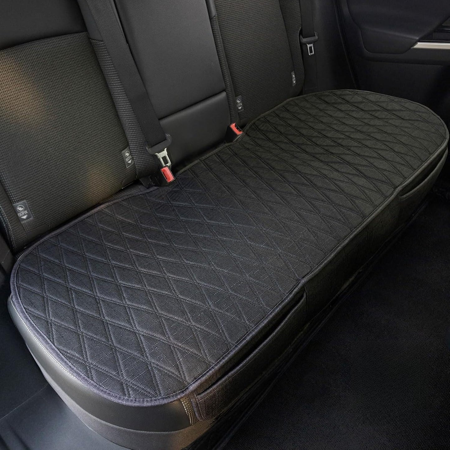 Universal Grey Anti-Slip Rear Car Seat Cover Size M - Faux Linen Bottom Bench Seat Cushion Fits Most of Vehicles Cars Truck SUV Van - Automotive Long Back Seats Protectors with Storage Pocket
