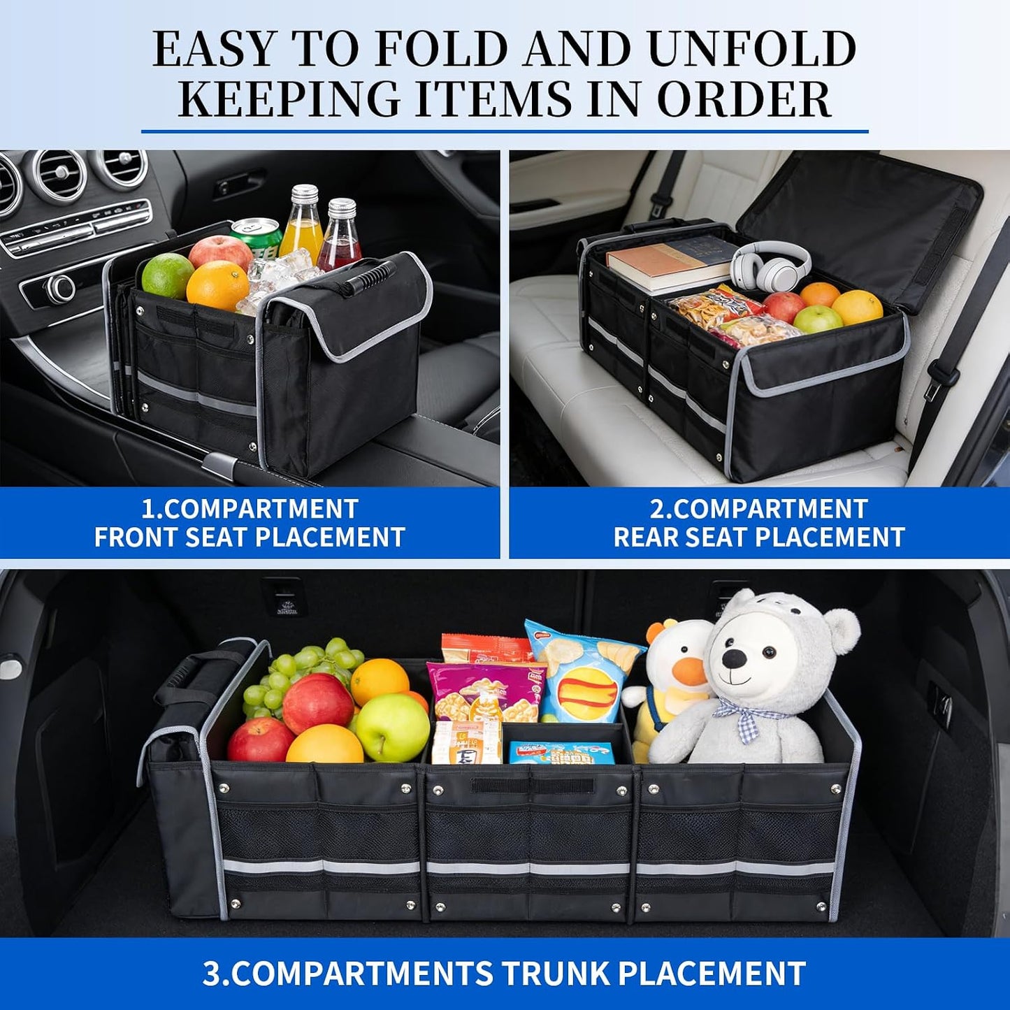 Collapsible Trunk Organizer for Car with Insulated Leakproof Cooler Bag, 3 Compartments SUV Cargo Organizer w/Removable Dividers, 5-in-1 Storage w/Foldable Lid & 2 Tie-Down Straps (Black)