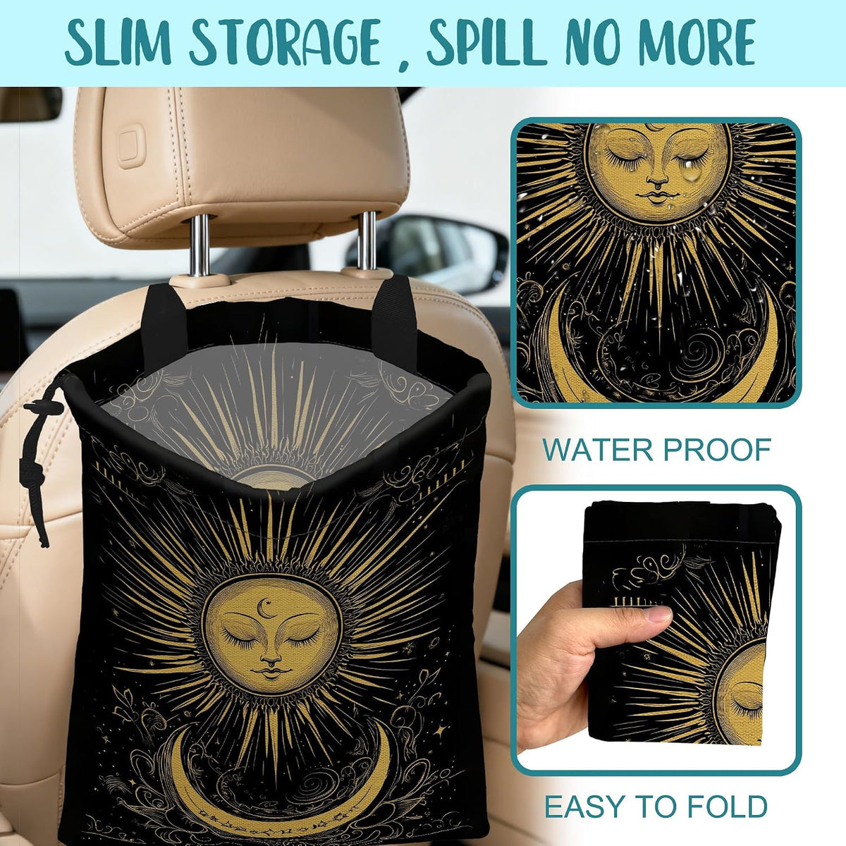 Car Garbage Bag Golden Sun Boho Crescent Moon Stars Hanging Canvas Car Trash Bag Drawstring Car Back Seat Organizer for Car Back Front Seat Console with Adjustable Buckle