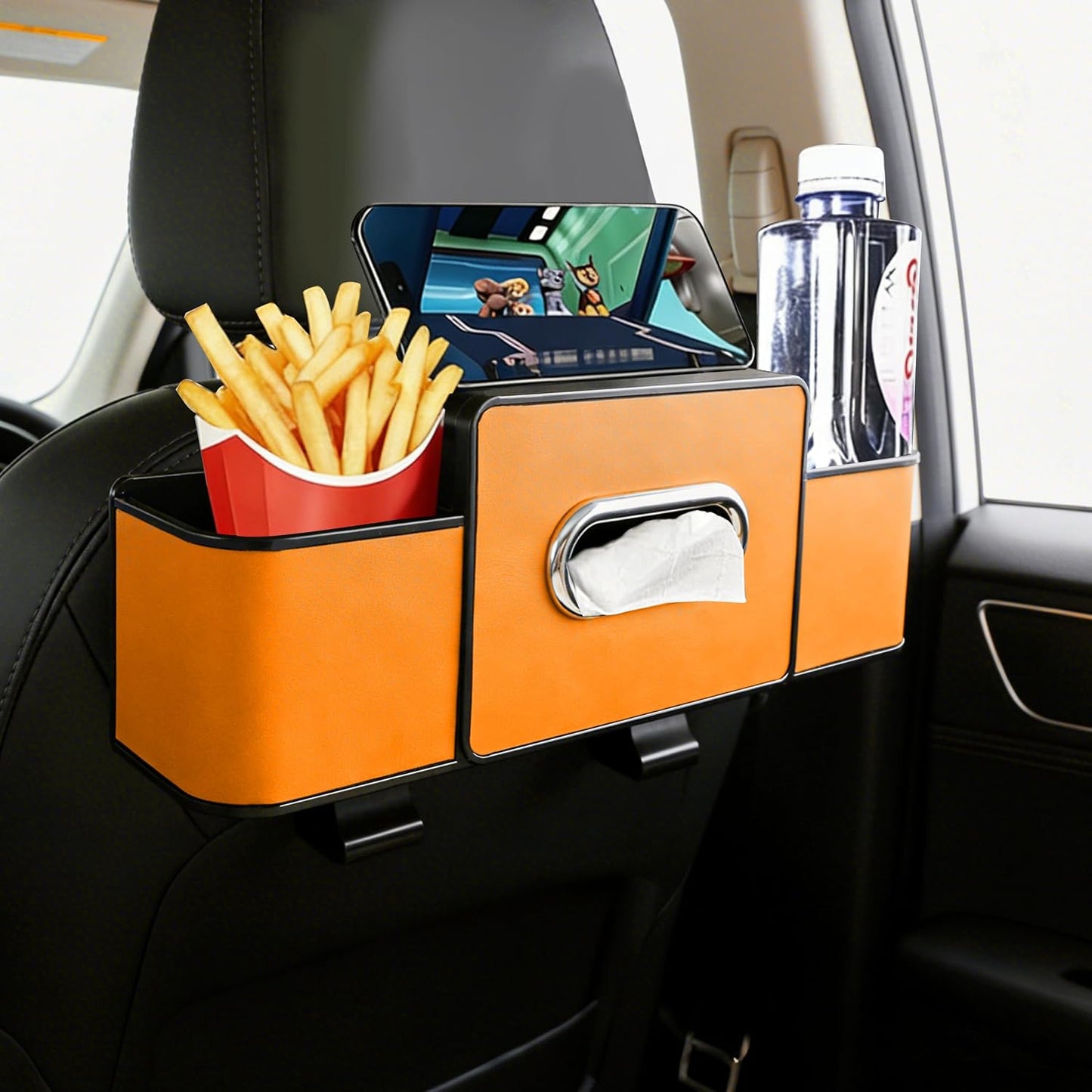 Amooca Back Seat Car Organizer, 4+2 in 1 Multifunctional Car Backseat Storage Box with 5 Cup Holders Tissue Box Hook, Car Interior Storage for Travel Phones Snacks Drinks(Orange)