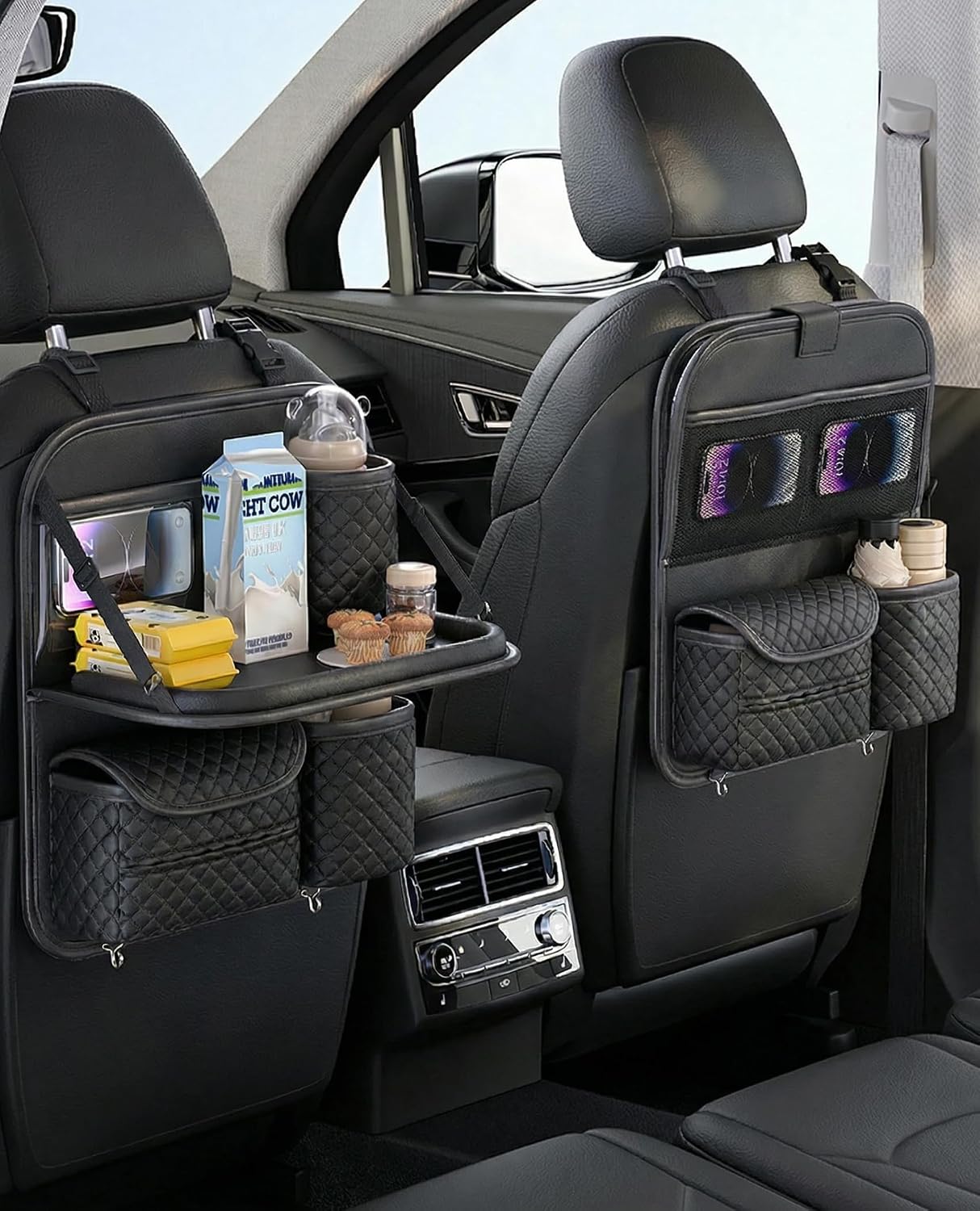 PU Leather Backseat Car Organizer with Foldable Tray & Tablet Holder, Luxury Diamond Stitching Design, Universal Car Seat Storage Organizer for Kids & Family Travel Accessories, Black