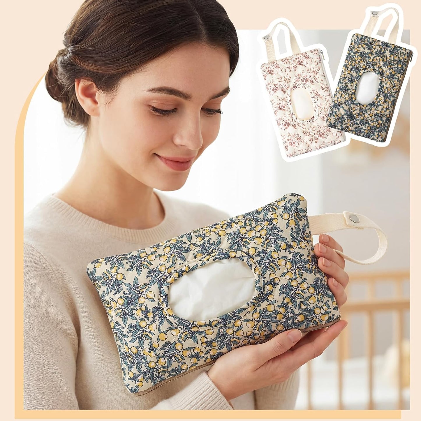 2 Pcs Quilted Diaper and Wipes Pouch Portable Hanging Floral Wet Wipe Bag Diaper Bag Reusable Wipes Pouch for for Stroller Car Travel Infant Diapering Organizer (Mixed Floral)
