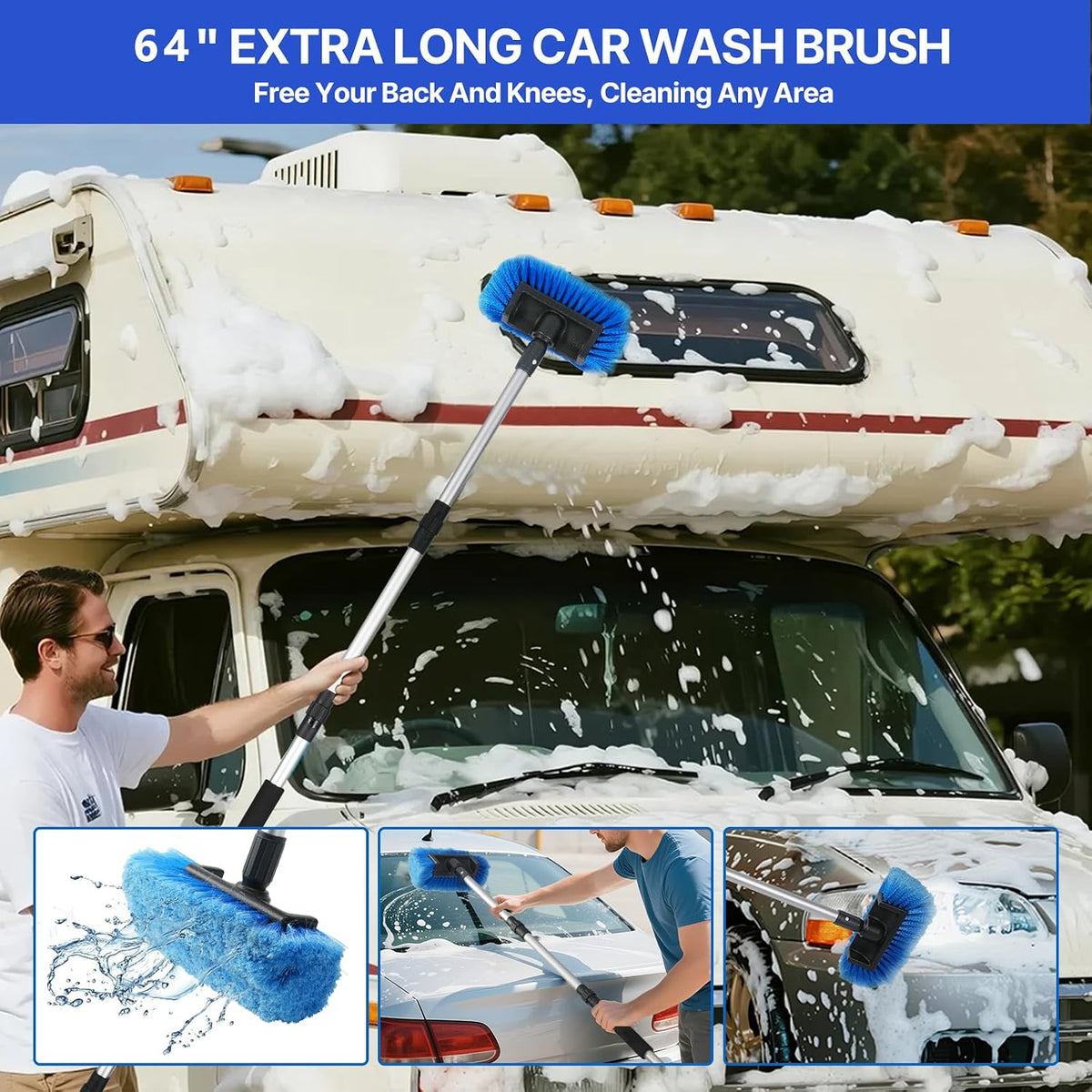 64'' Car Wash Brush with Long Handle, RV Flow-Through Wash Brush with Adjustable Handle, Anti-Scratch Plus Size Soft Car Wash Brush Mop with Hose Attachment Car Wash Kit for SUV RV Truck Boat