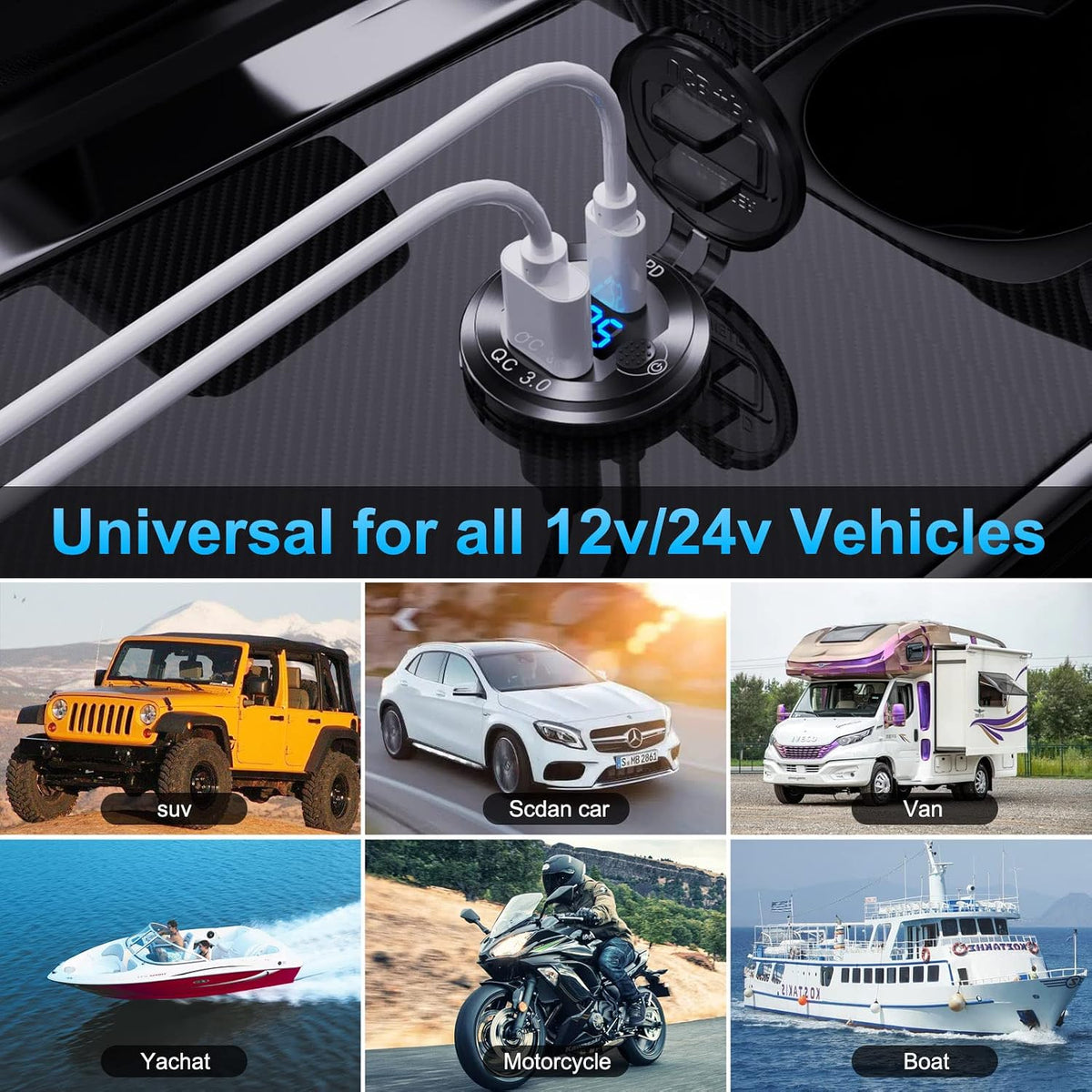 12V USB C Aluminum Car Charger Socket, 12 Volt Outlet, PD 20W and Quick Charge 3.0 18W Car USB Port Waterproof with Voltmeter & Power Switch, Suitable for Marine Truck Motorcycle Boat Golf cart RV