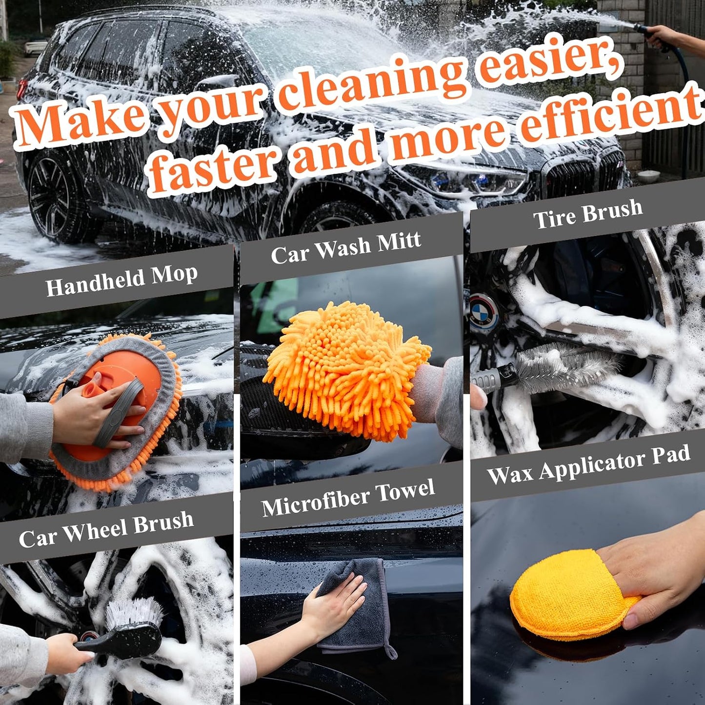 21Pcs Car Wash Kit with 60" Heavy-Duty Extension Pole, Soft Car Wash Brush, Wheel &amp; Tire Brush, Scratch-Free Car Mop Mitt &amp; Window Squeegee, Detailing Tool for Car Exterior &amp; Interior Cleaning