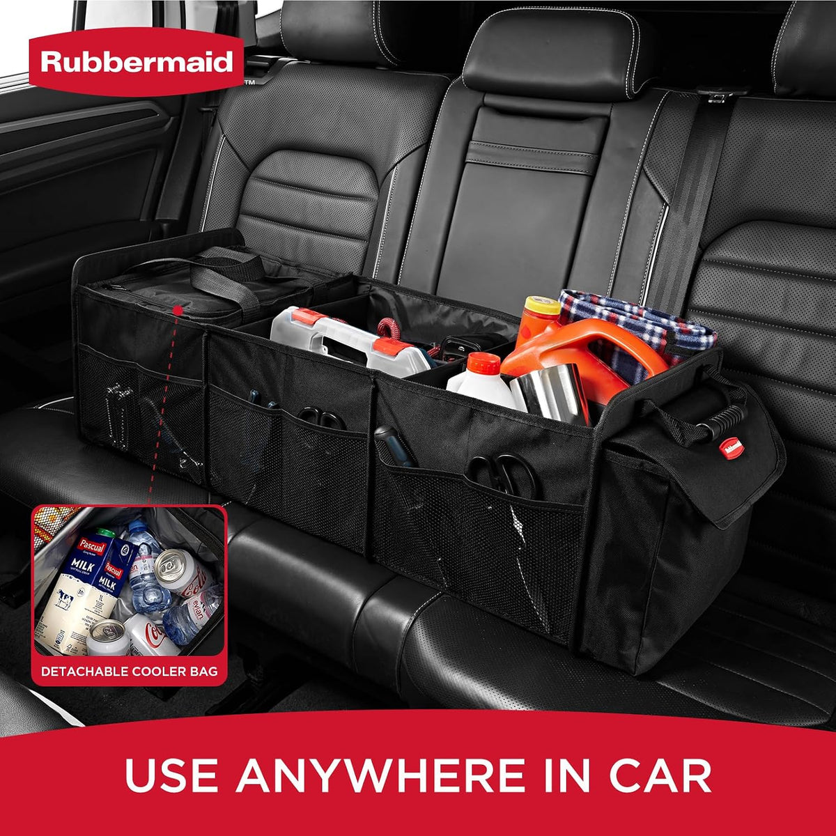 Rubbermaid Car Organizer, Collapsible Trunk Organizer with Removable Leakproof Cooler Bag without Lid, Multi-Compartment Car Storage Organization for Car Accessories, 5 Compartments Without Cover,