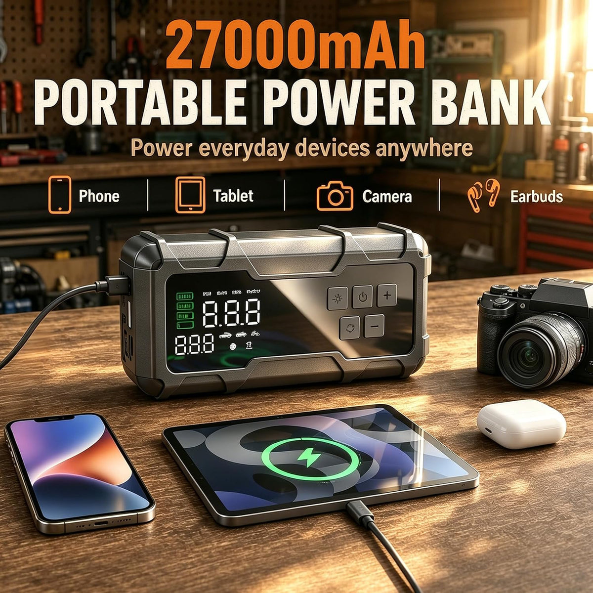 9000A Car Jump Starter with Air Compressor, Portable Battery Booster Pack Tire Inflator, Power Bank Cars Owner SUVs Trucks Road Trips Gift
