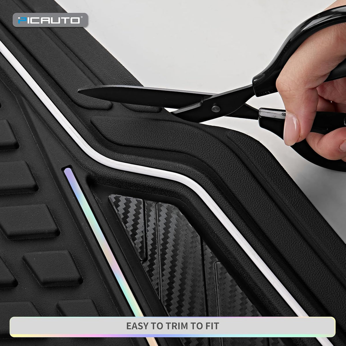 PIC AUTO Car Floor Mats, Black Aluminum-Molded with Full-Circle Iridescent Inlay Strip Car Mats, Universal-Fit Rubber Mats for Cars, Trucks & SUVs, All-Weather, Non-Slip, Easy-to-Clean Interior Mats