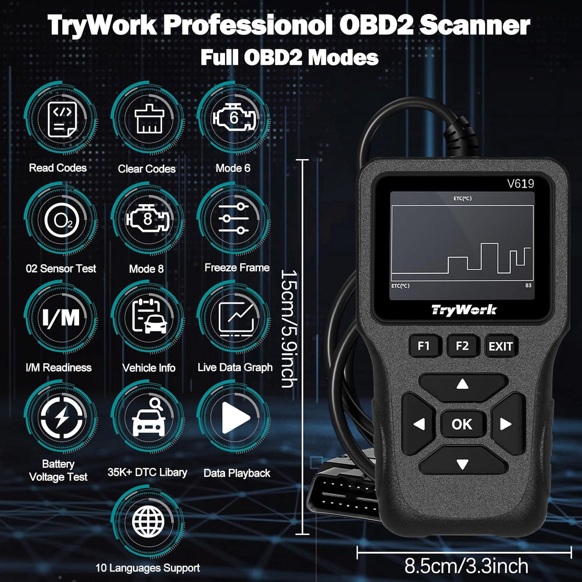 OBD2 Scanner Diagnostic Tool, Check Engine Code Reader with 35901 DTC Lookup, Mode 6 & 8, I/M Readiness for All OBDII Cars Since 1996 (Gray)