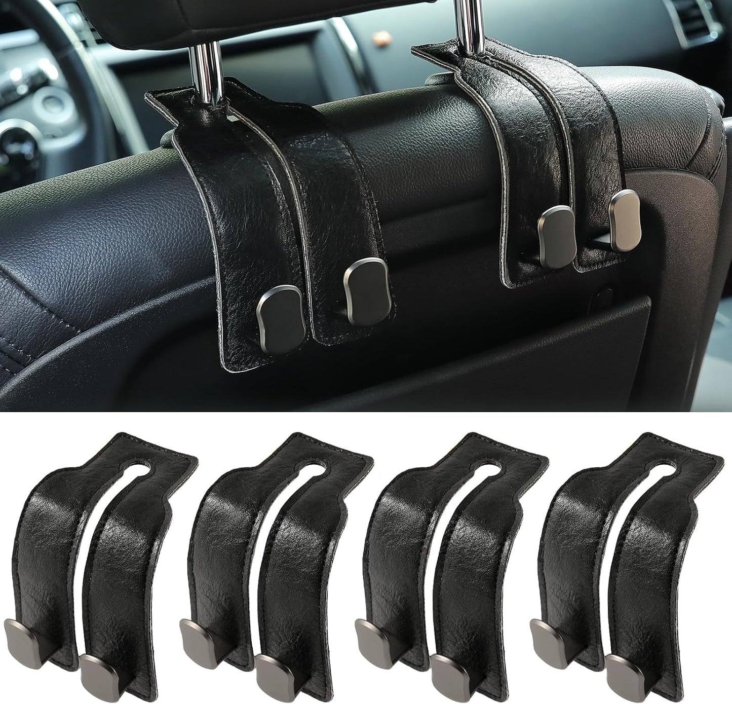 KINIVA Car Seat Headrest Storage Hooks, Set of 2, Suede PU Leather, Double Hooks (Black-4 Pack)