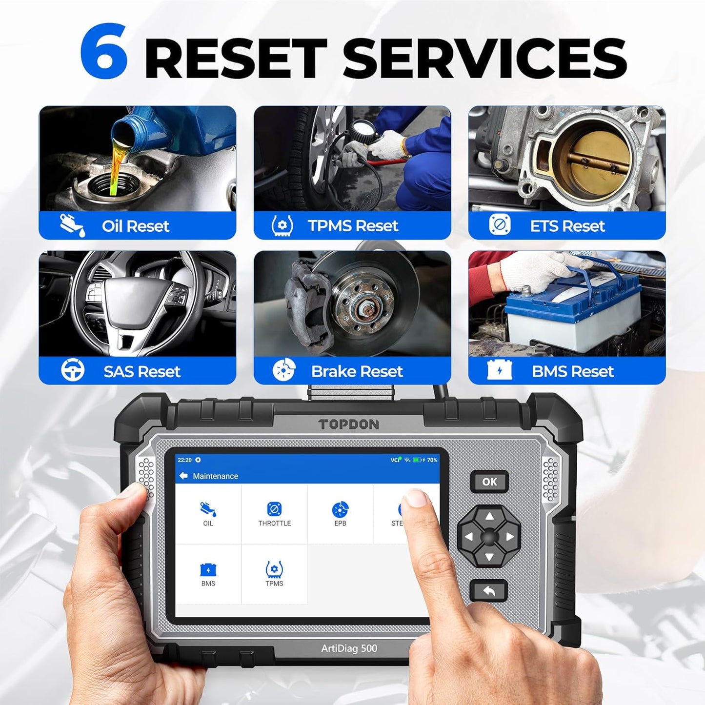 TOPDON AD500 OBD2 Scanner, Oil SAS Throttle TPMS BMS EPB Reset, Engine ABS SRS Transmission, Diagnostic Scan Tool, AutoVIN, Car Check Engine Code Reader with Battery Test, Lifetime Wi-Fi Free Update