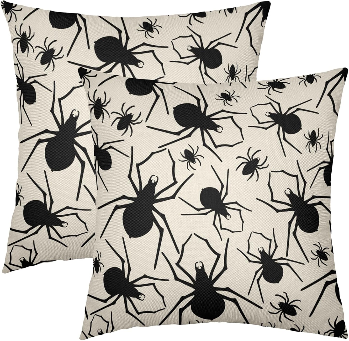 Robvobe Cream Halloween Pillow Covers 18x18 Set of 2 Black Spider Print Outdoor Decorative Throw Pillows Holiday Scary Themed Farmhouse Pillowcases Linen Cushion Case Decor for Home Sofa Couch Bed