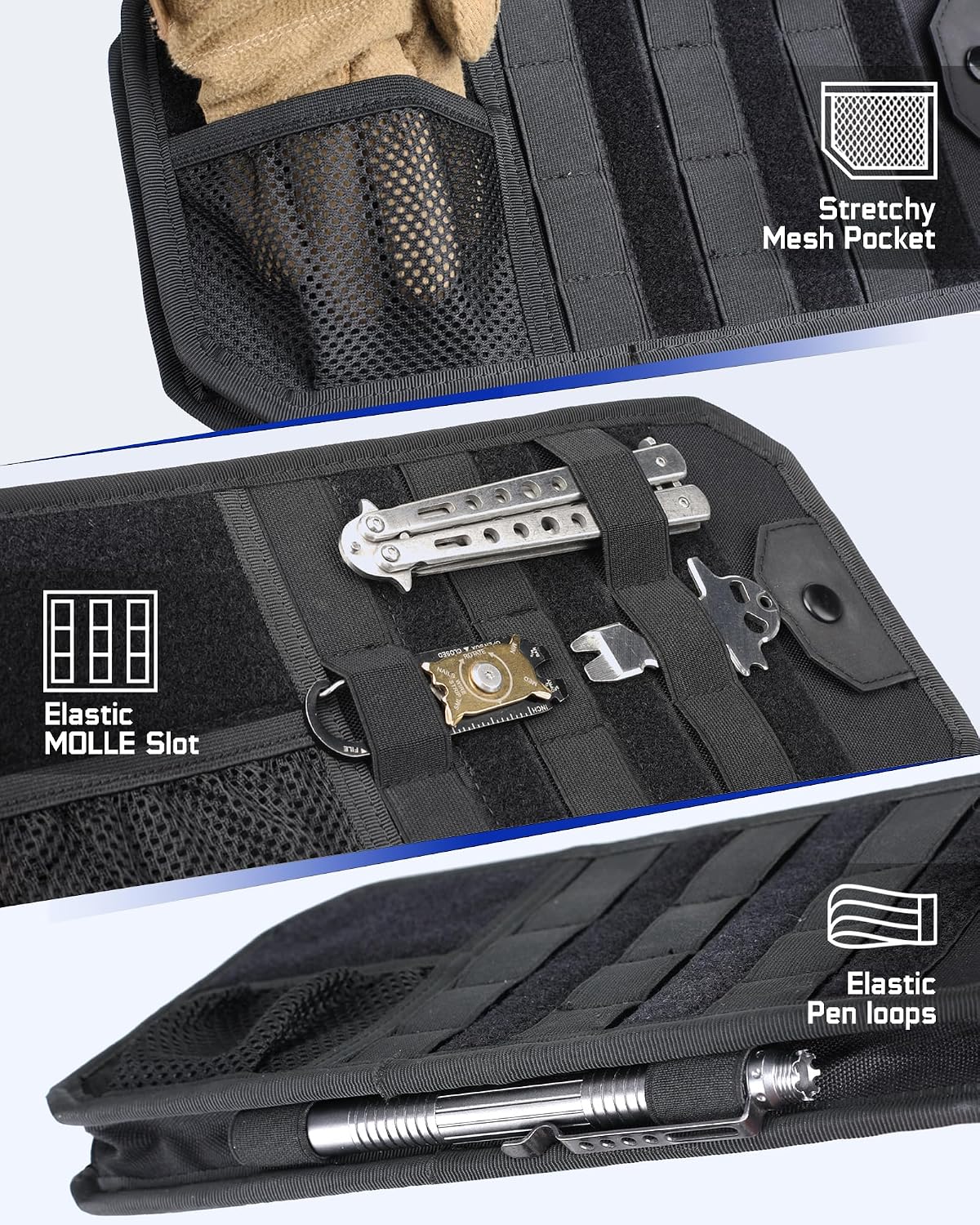 WYNEX Molle Car Sun Visor Organizer, Car Accessories with Zip Storage Pouch & Glasses Holder, Semi-Rigid Molle Panel with Patch for Tactical Gears, Fits Most Cars, Trucks, Pickups, Patrols