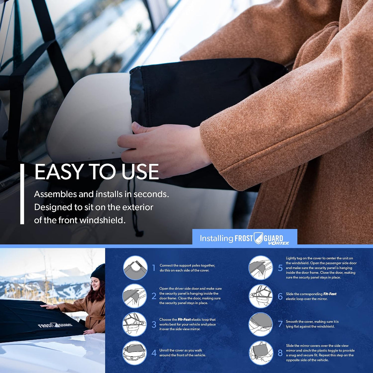 FrostGuard Vortex | Full-Coverage Car Windshield Cover for Ice and Snow, Standard Size (Puppy Paws) - Wiper Blade + Side Mirror Covers - Fit-Fast Straps, Security Panels + Storage Pouch - 59x41 Inches