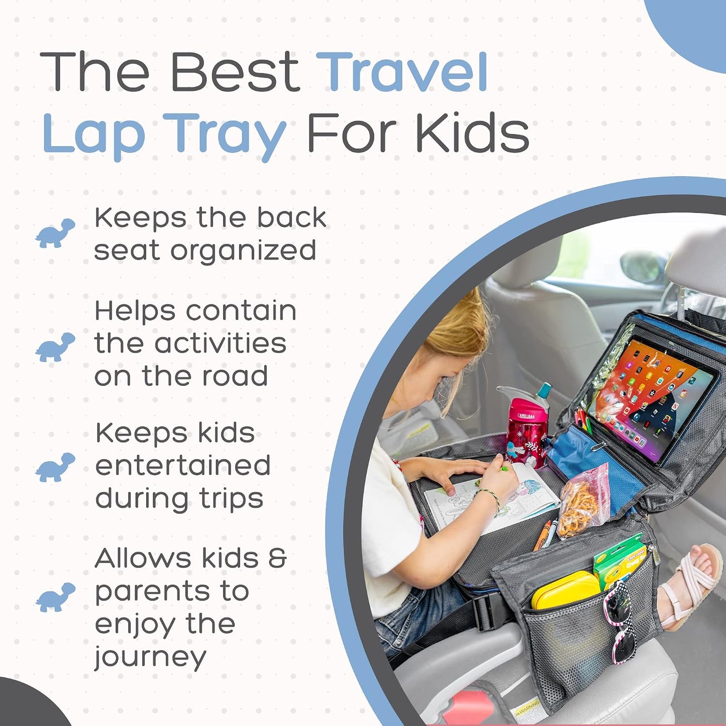BE Family Travel Kids Car Seat Travel Organizer, Car Accessories for Children, Car Seat Snack Tray, Traveling Essentials for Kids, Toddler Lap Tray for Engaging Activities, Multipurpose Design, Blue