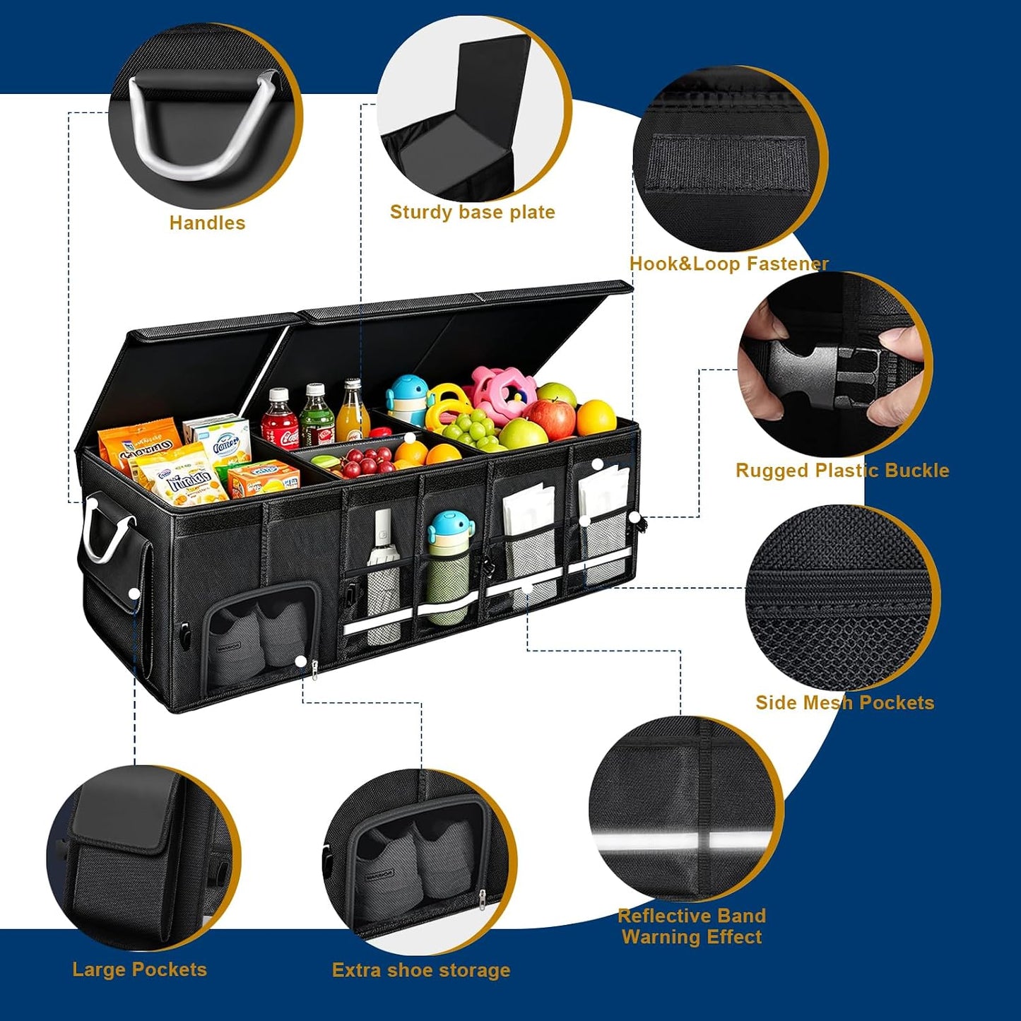 Car trunk organizer, Collapsible Multi-Compartments Car trunk Organizer with Shoes Storage Space, Reflective Strip, Perfect for Car & SUV (34.5 * 13.8 * 11.8 INCH)