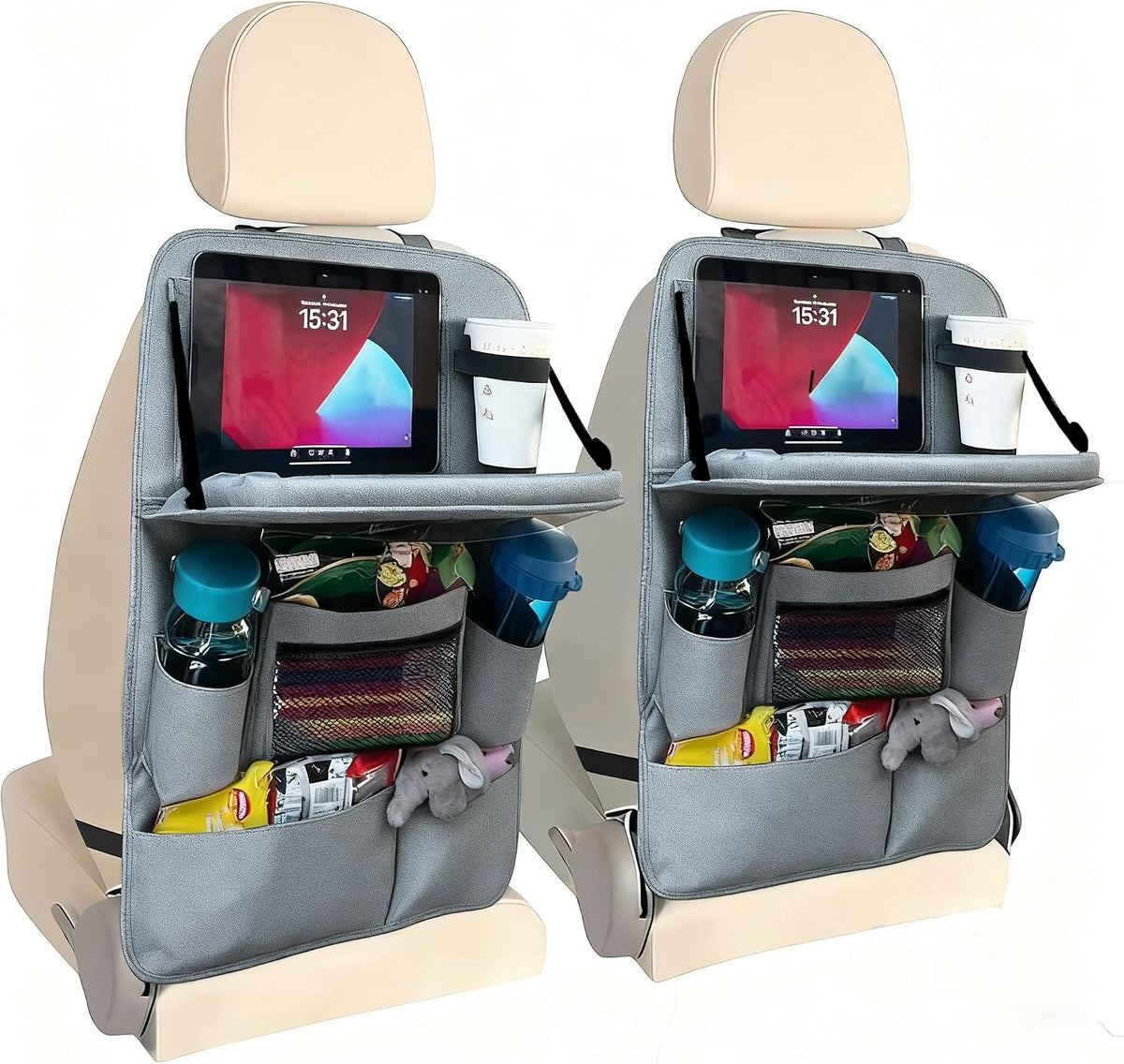 Backseat Car Organizer with Tray, 9 Storage Pockets Back Seat Protector with Foldable Tablet Holder, Waterproof Back of Seat Kick Mats for Kids Adult, Travel Accessories 2 Pack, Gray