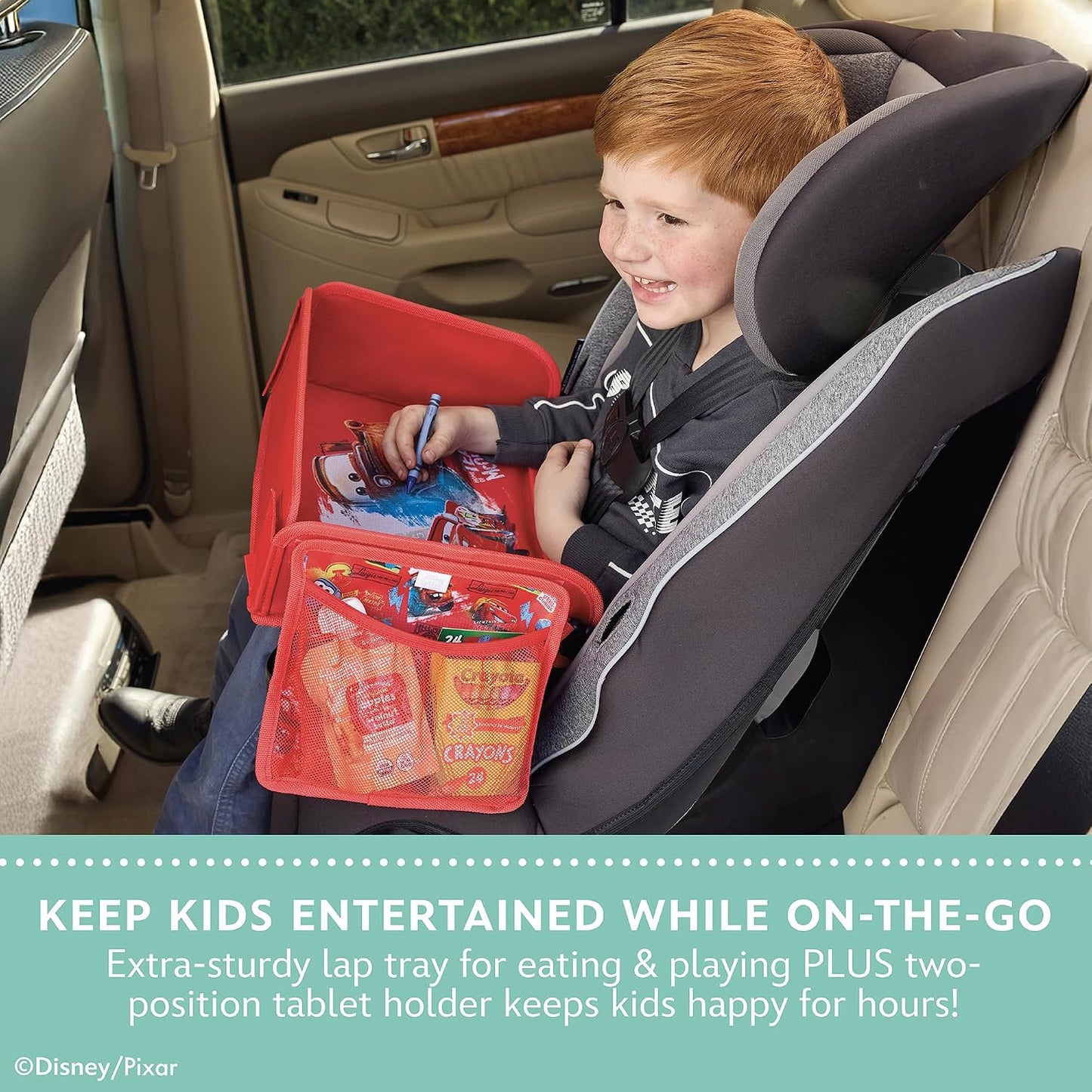 J.L. Childress Disney Baby 3-IN-1 Kids Travel Tray & Tablet Holder - Car Seat Lap Tray Desk for Toddlers, Road Trip Essentials, Activity Table, Travel Accessories - Cars