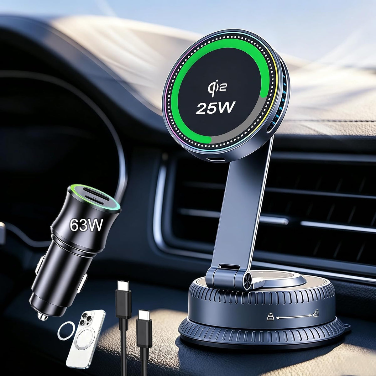 for Qi2.2 25W MagSafe Car Mount Charger, Cooling Fan, 75W Fast Adapter