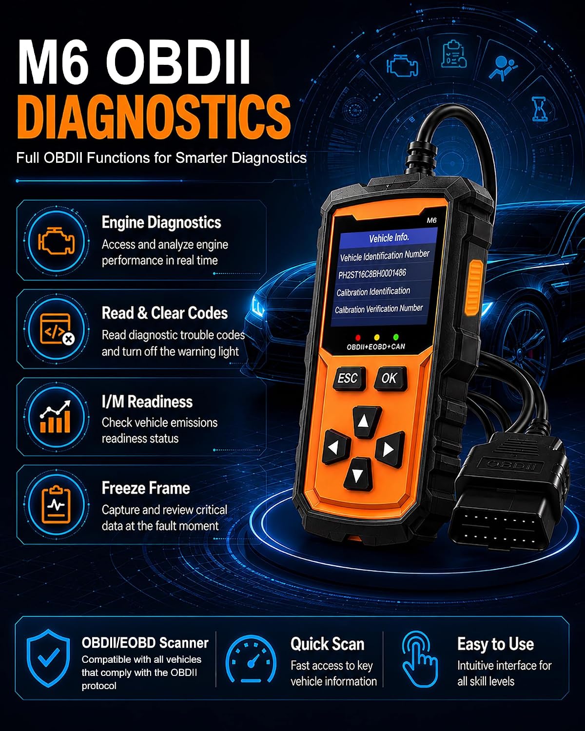 OBD2 Scanner M6,Car OBDII Diagnostic Code Reader (Orange)